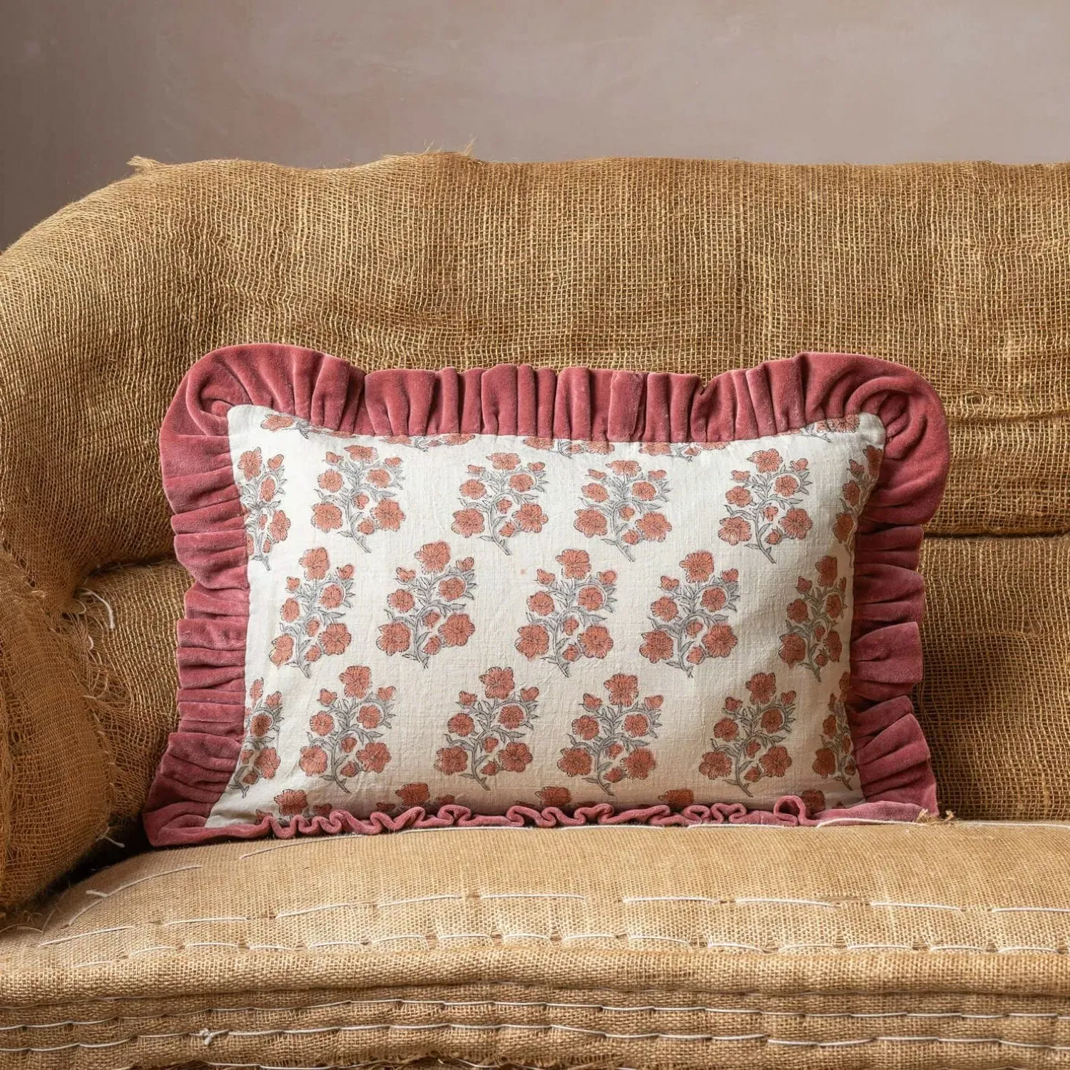 Asta Small Rectangular Floral Block Printed Cushion - Cotton