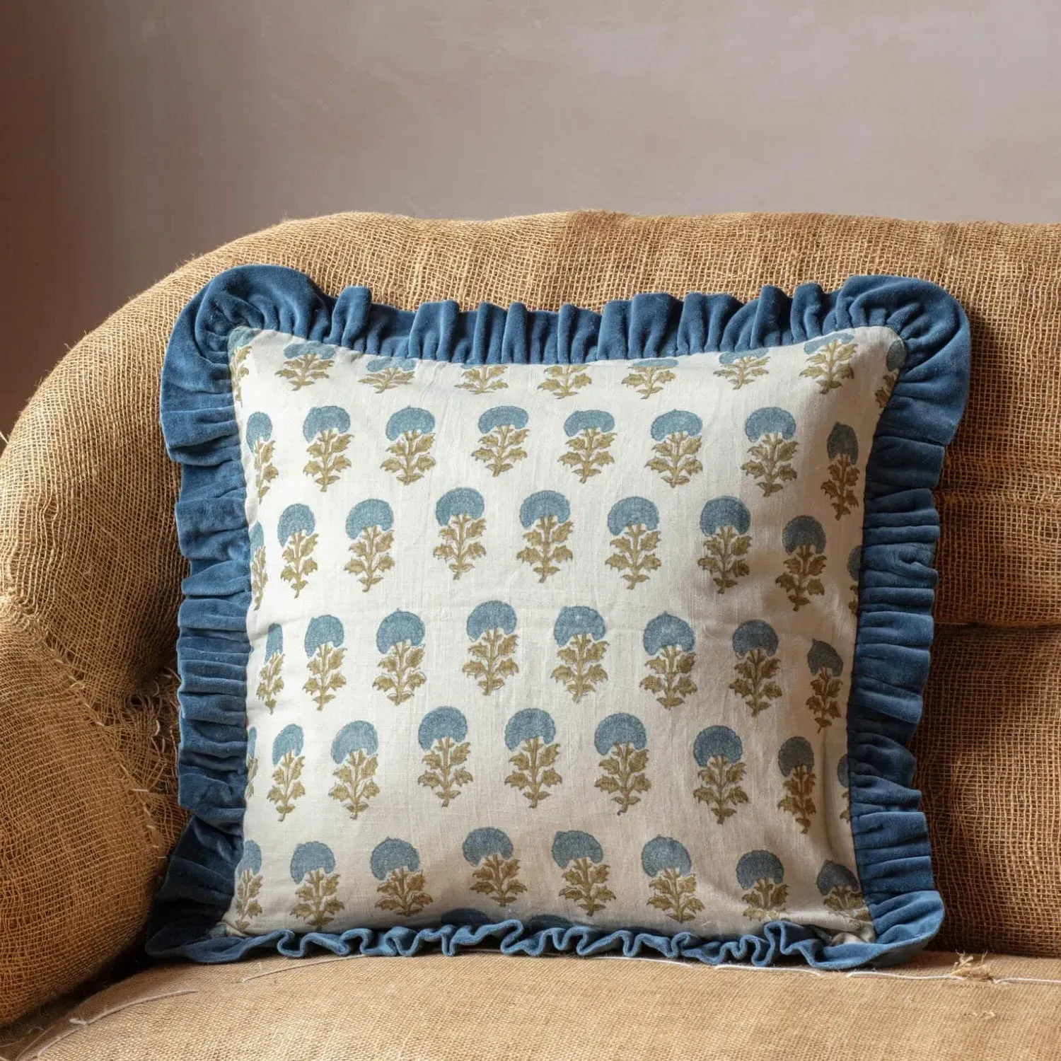 Asta Square Floral Block Printed Cushion - Cotton