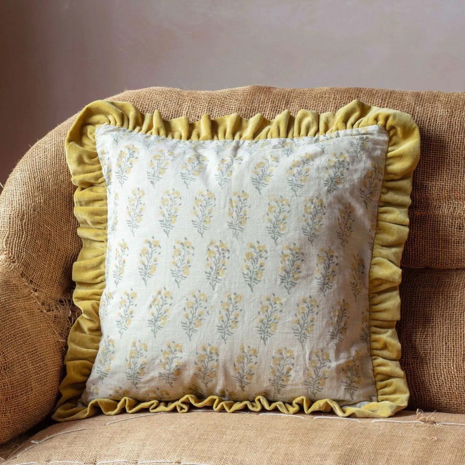 Asta Square Floral Block Printed Cushion - Cotton