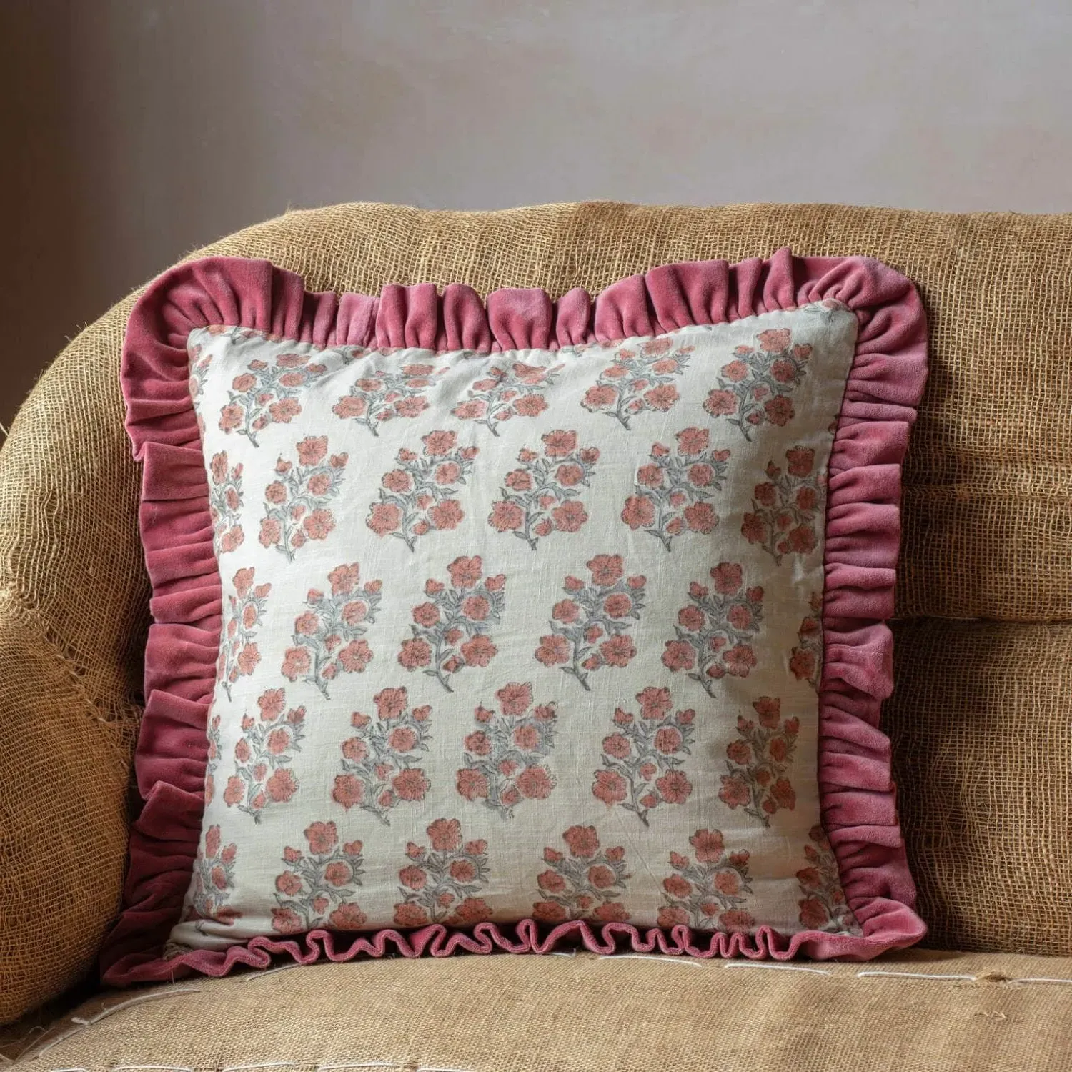 Asta Square Floral Block Printed Cushion - Cotton