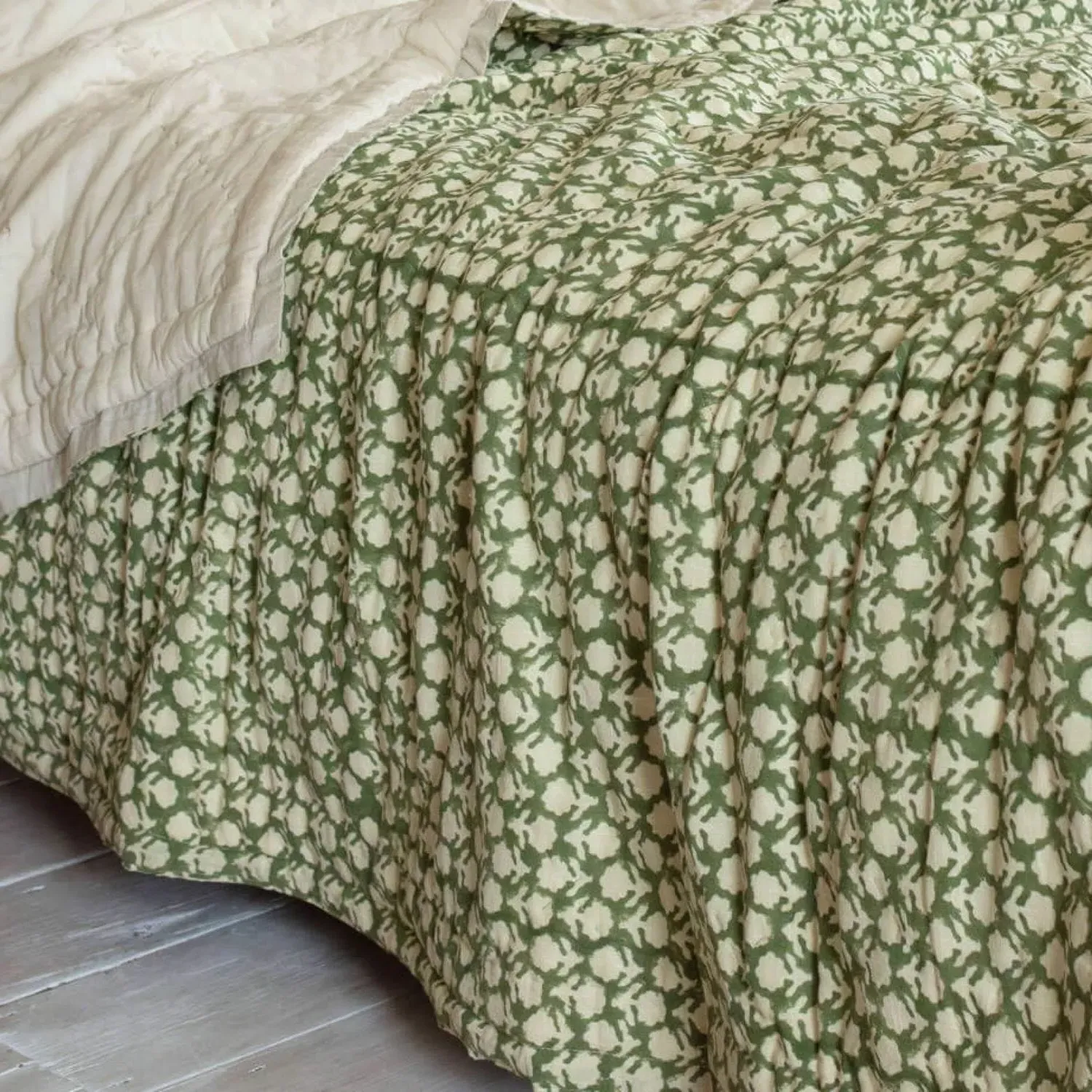Ava Floral Block Printed King Size Bed Quilt - Cotton