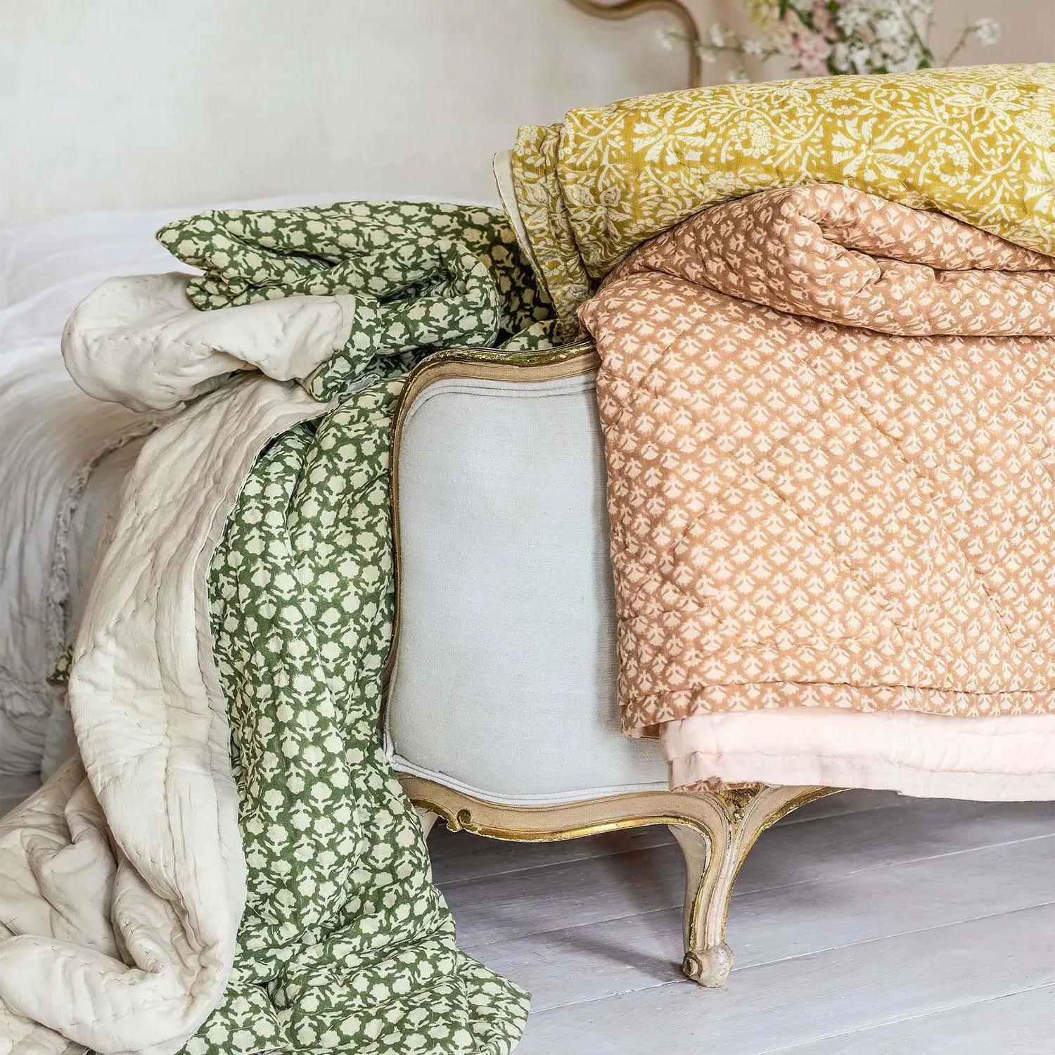 Ava Floral Block Printed King Size Bed Quilt - Cotton