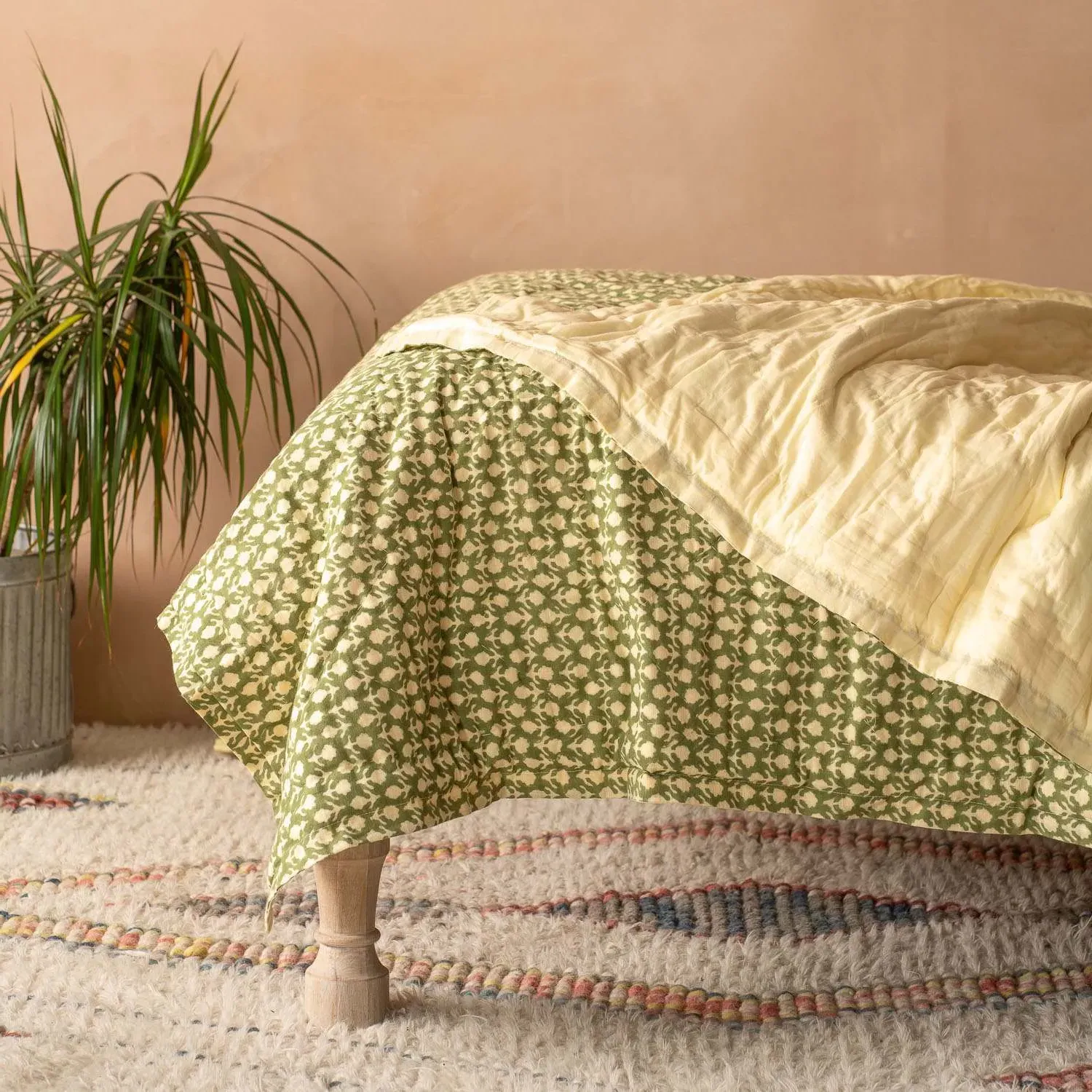 Ava Floral Block Printed King Size Bed Quilt - Cotton