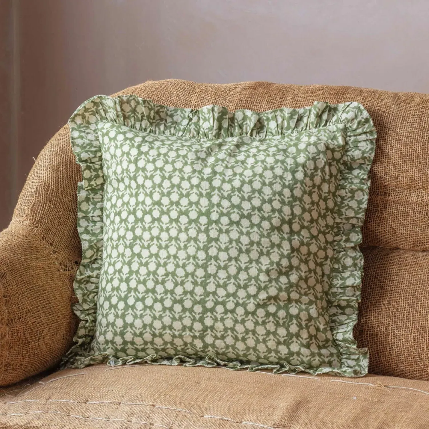 Ava Floral Block Printed Square Cushion - Cotton
