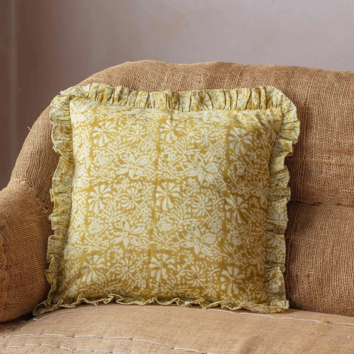 Ava Floral Block Printed Square Cushion - Cotton