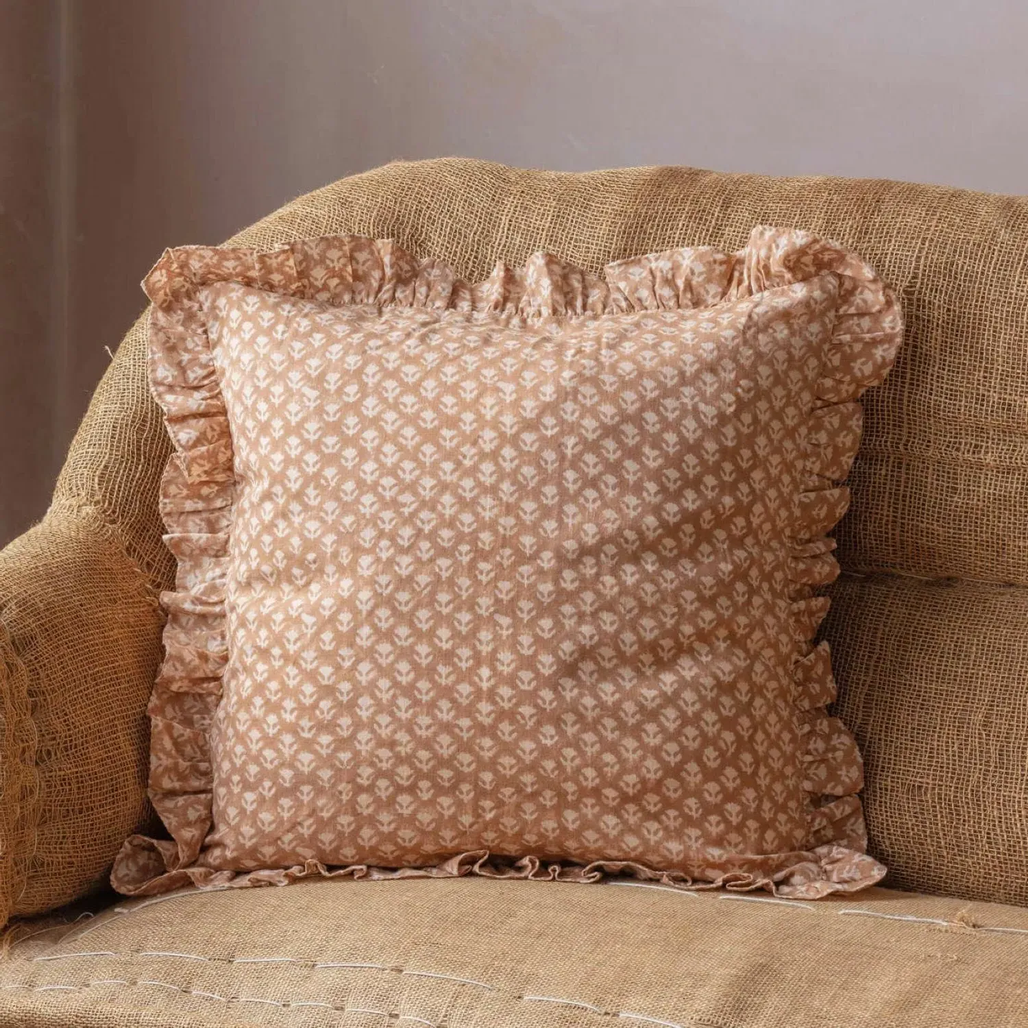 Ava Floral Block Printed Square Cushion - Cotton