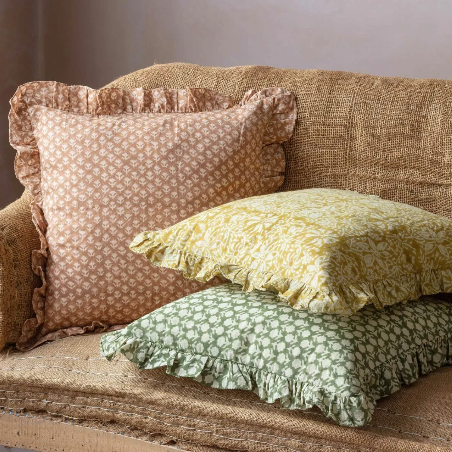 Ava Floral Block Printed Square Cushion - Cotton