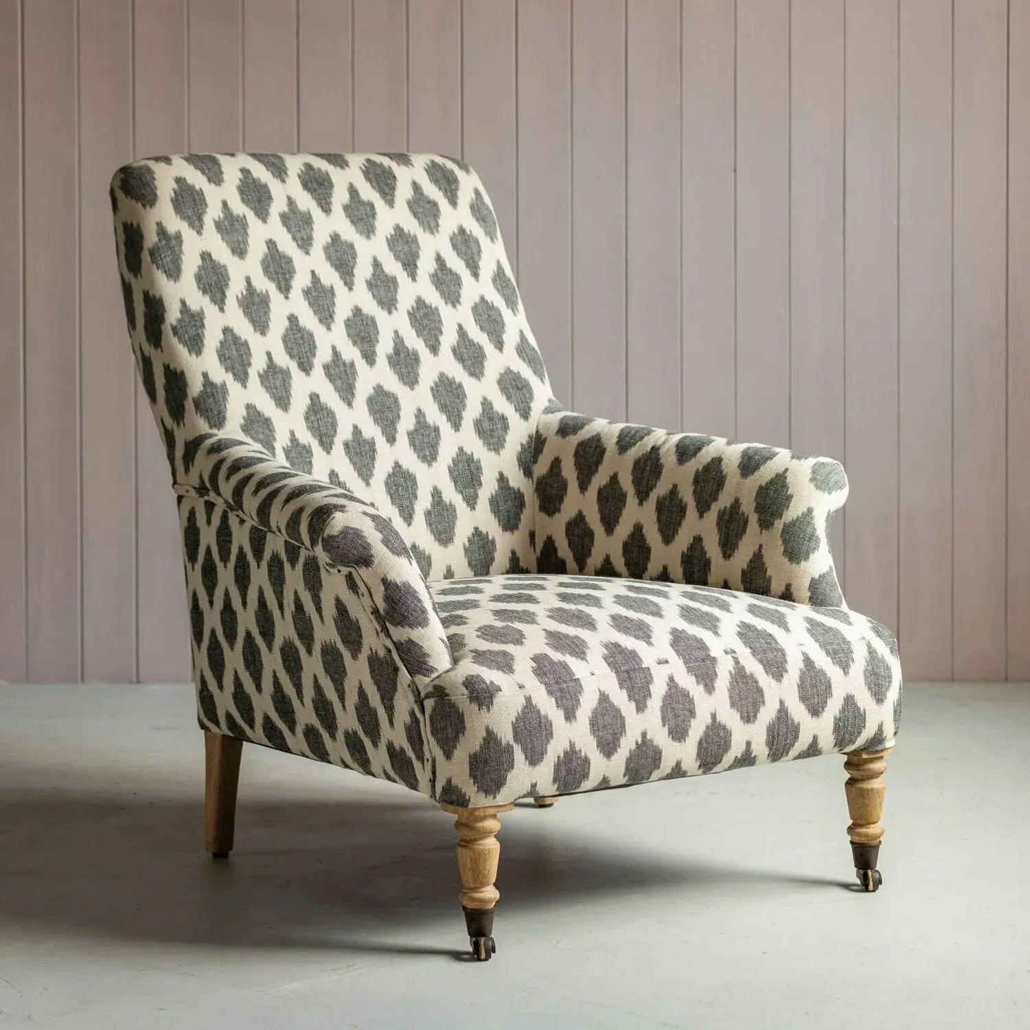Avree Armchair with Castors - White Grey, Cotton Ikat