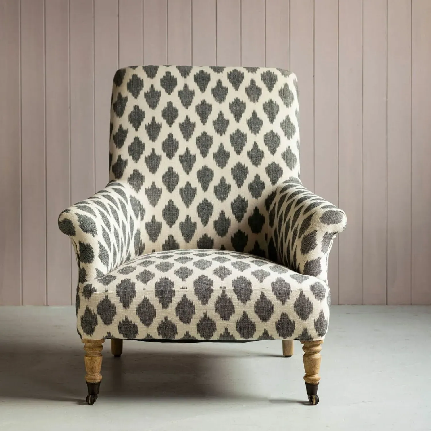 Avree Armchair with Castors - White Grey, Cotton Ikat