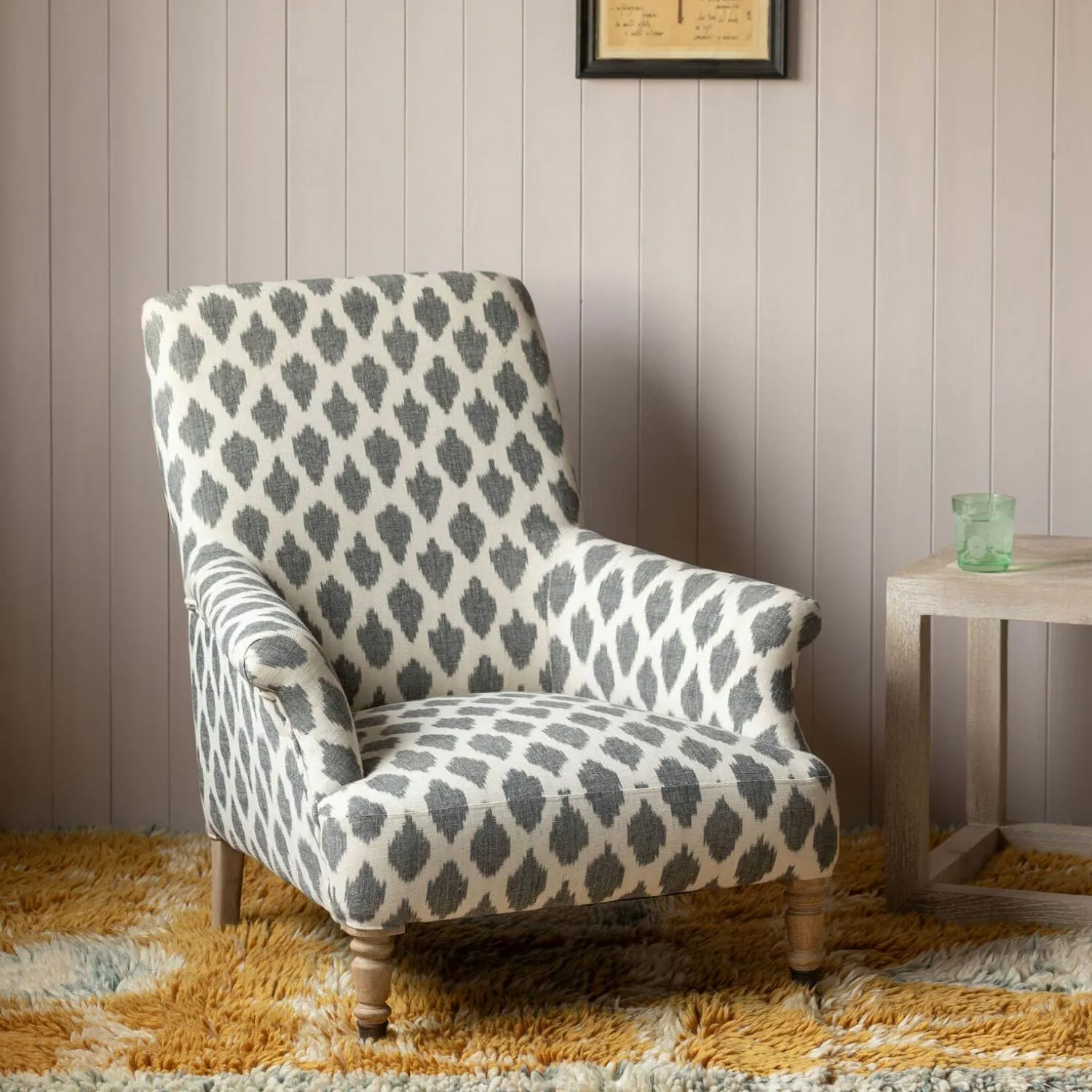 Avree Armchair with Castors - White Grey, Cotton Ikat
