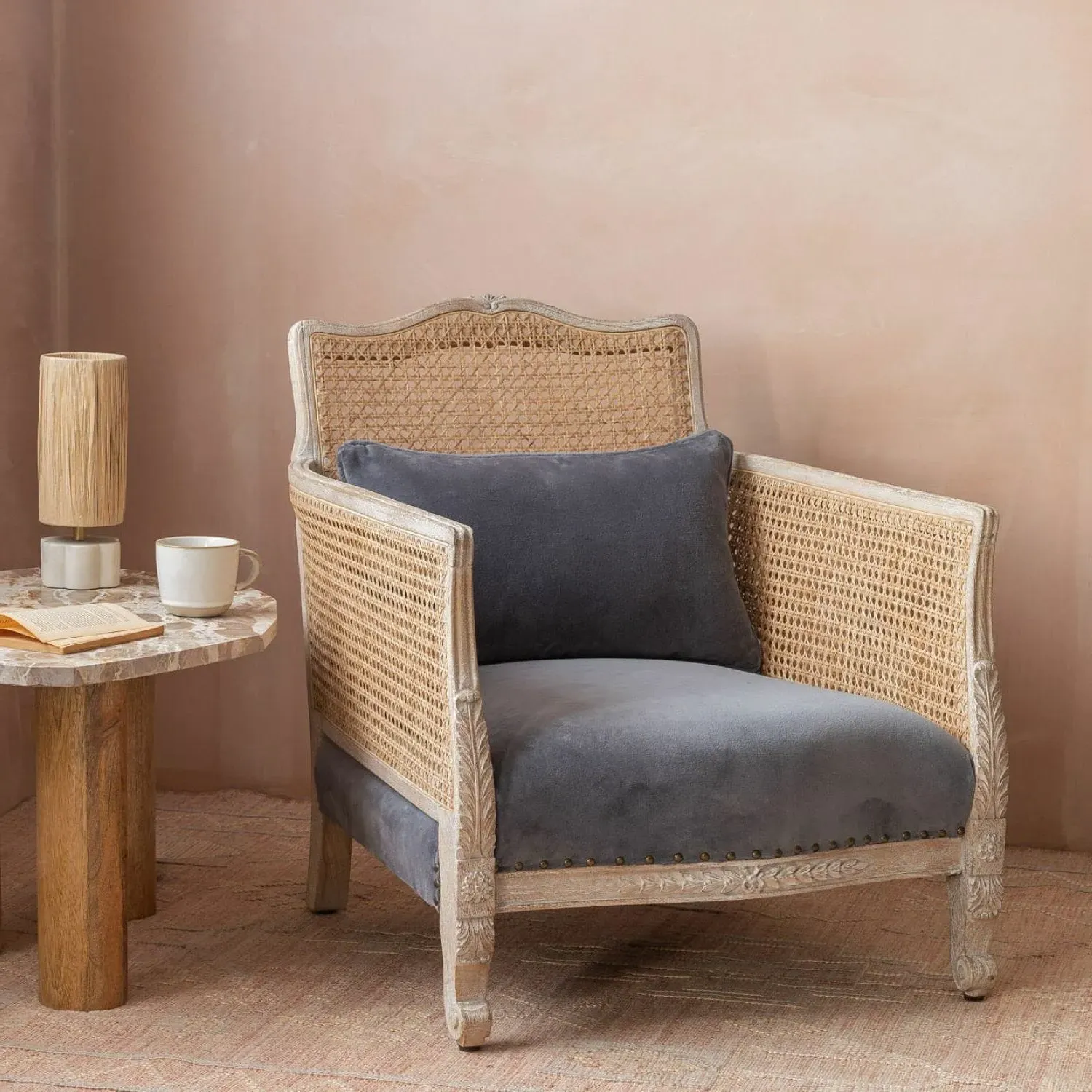 Baylor Armchair with Cane Back - Grey, Velvet