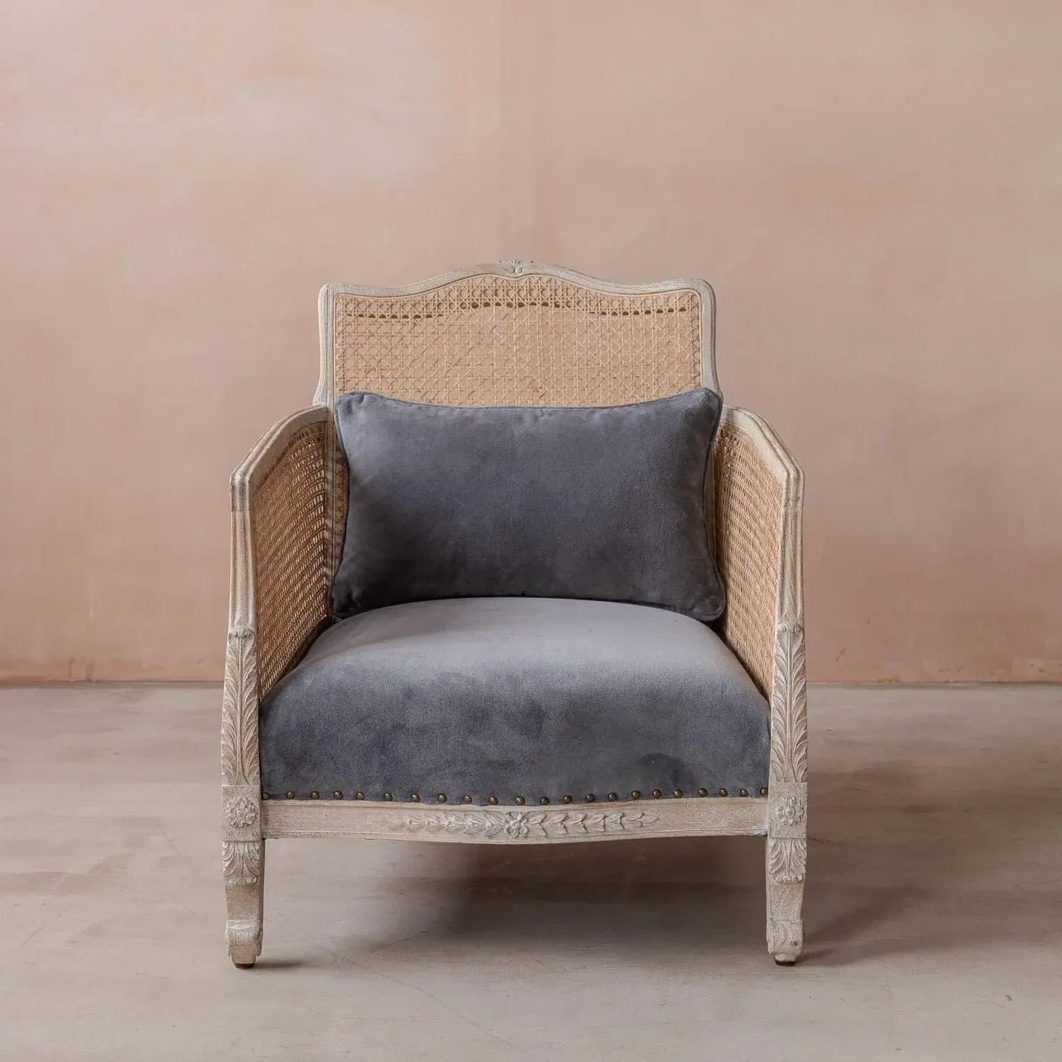 Baylor Armchair with Cane Back - Grey, Velvet