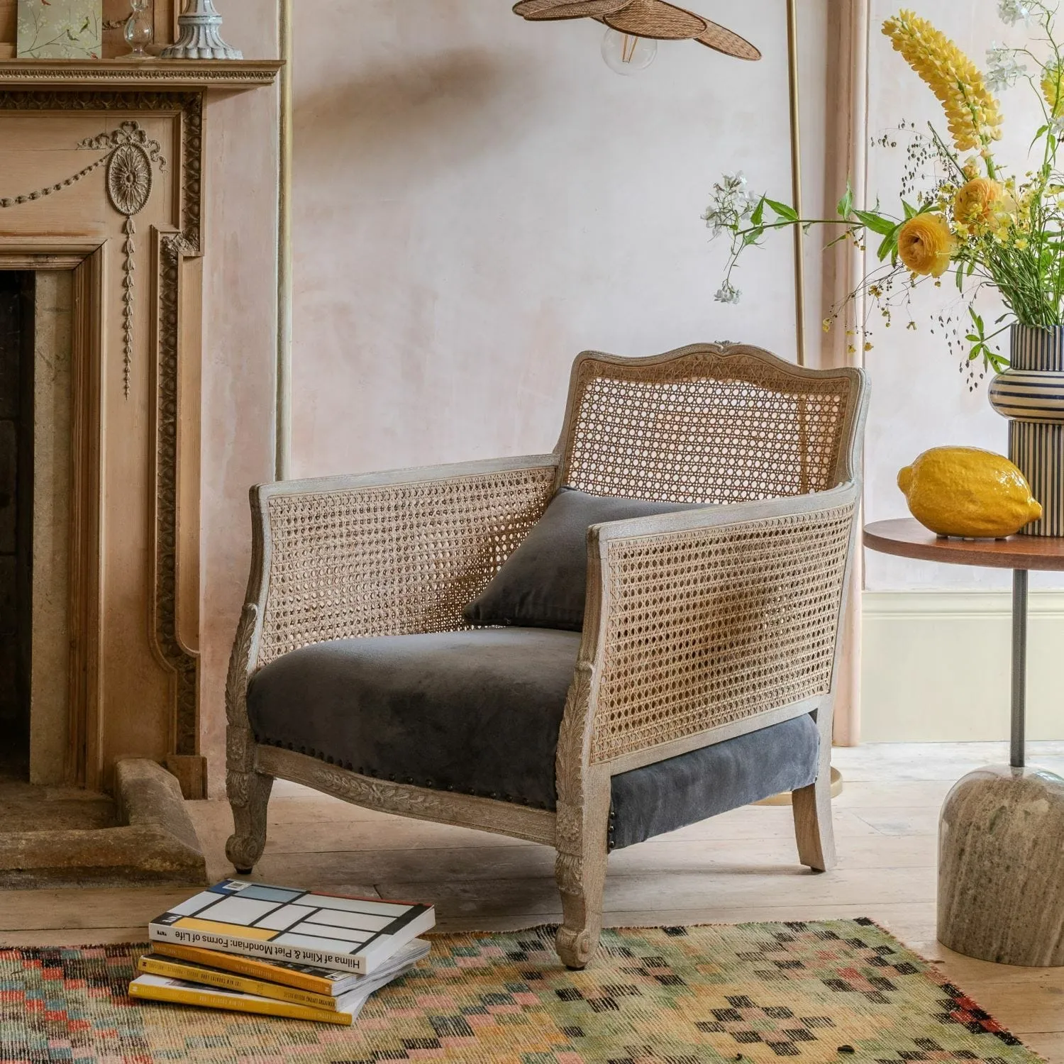 Baylor Armchair with Cane Back - Grey, Velvet