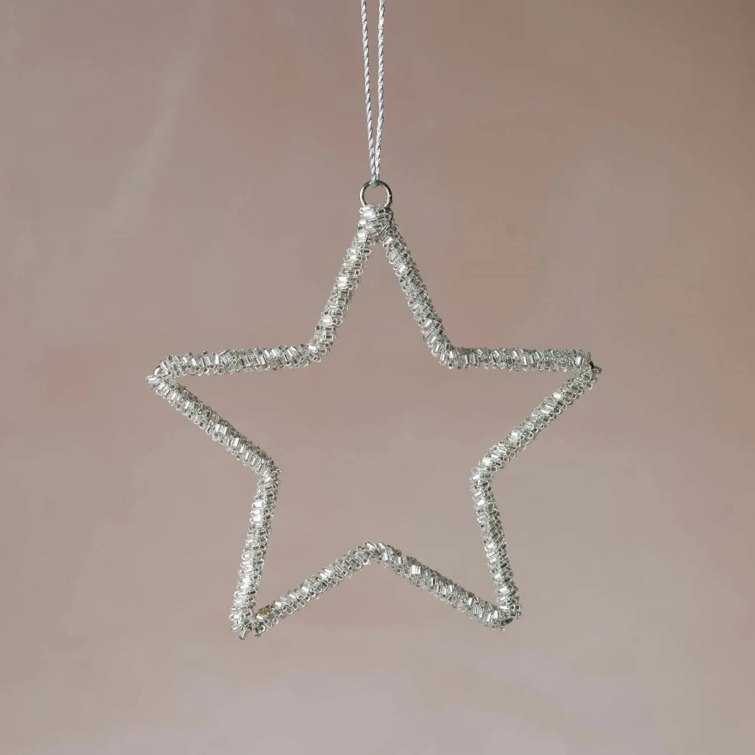 Beaded Hanging Star Christmas Tree Decoration Large - Silver