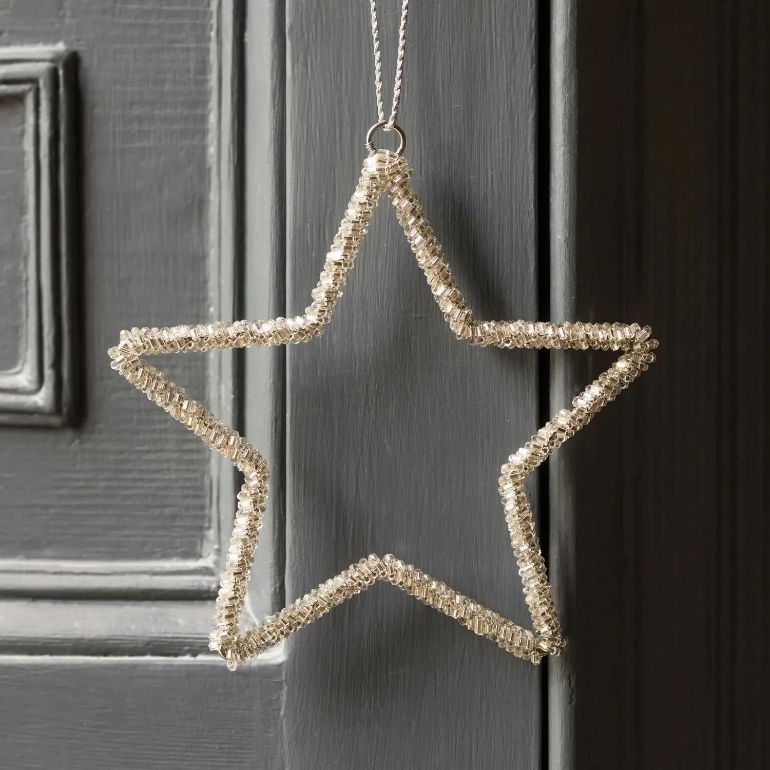 Beaded Hanging Star Christmas Tree Decoration Large - Silver image