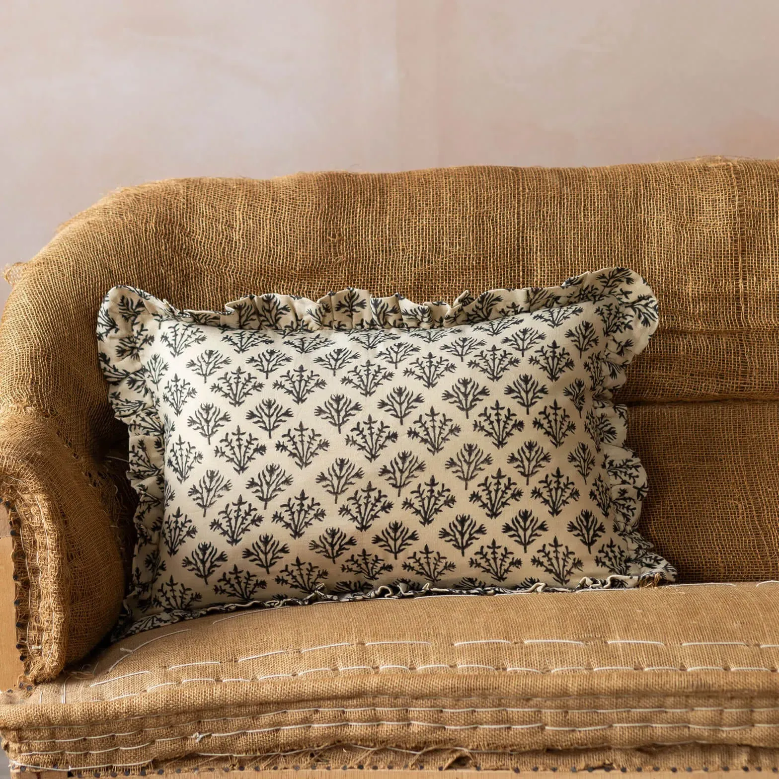 Black Coral Large Rectangular Cushion - Black, Cotton