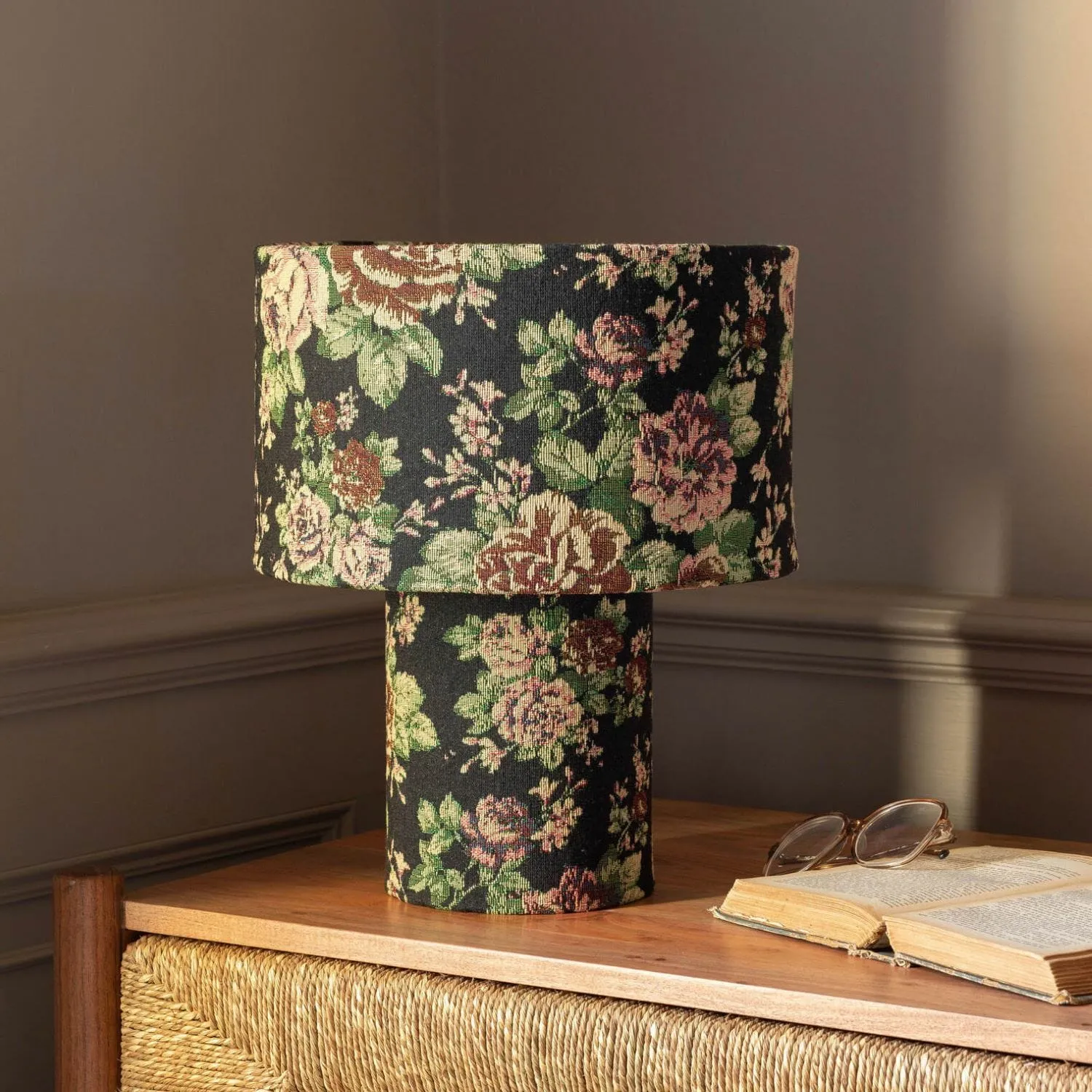 Black Floral Tapestry Table Lamp - Black
