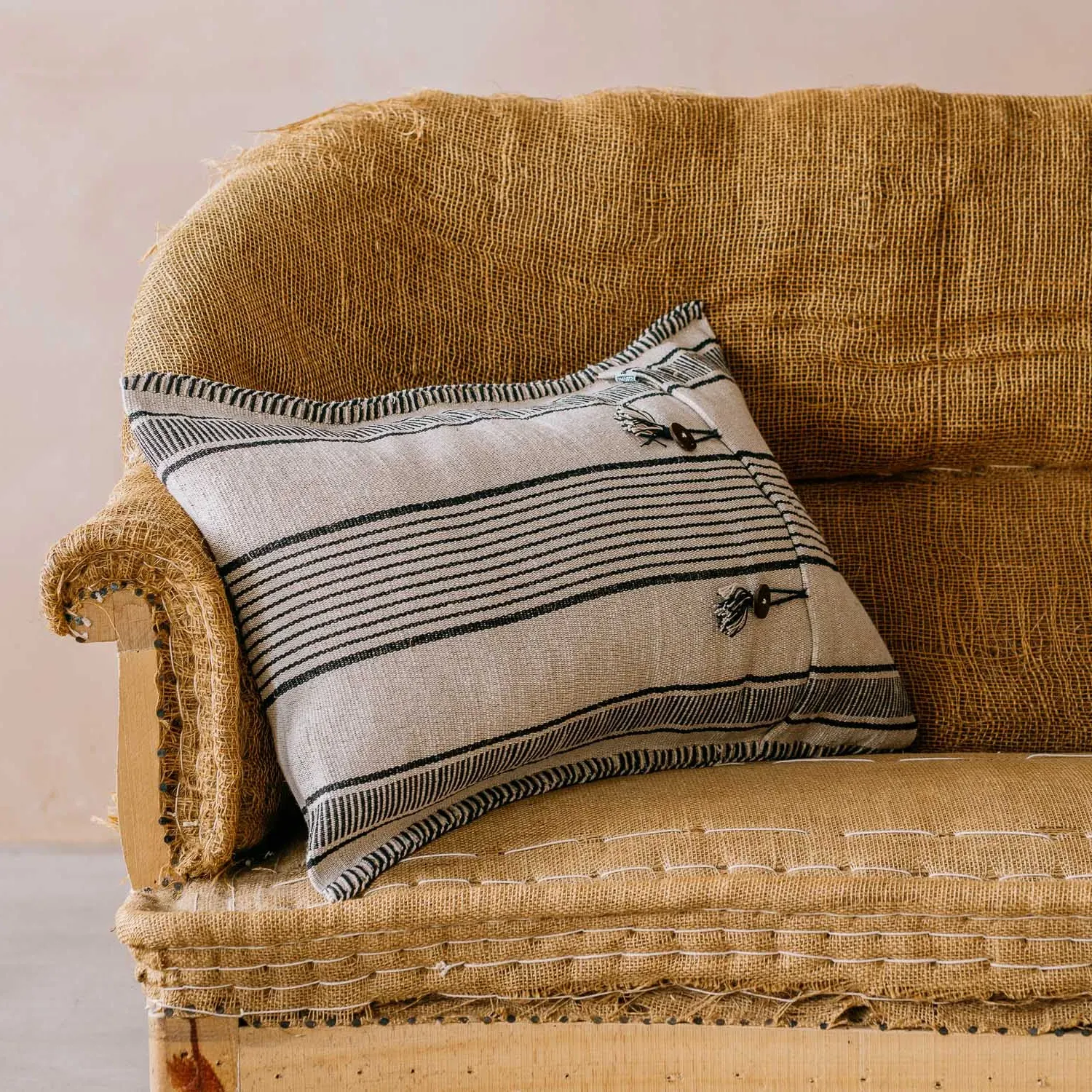 Black & White Stripe Rectangular Cushion - Jute Blend