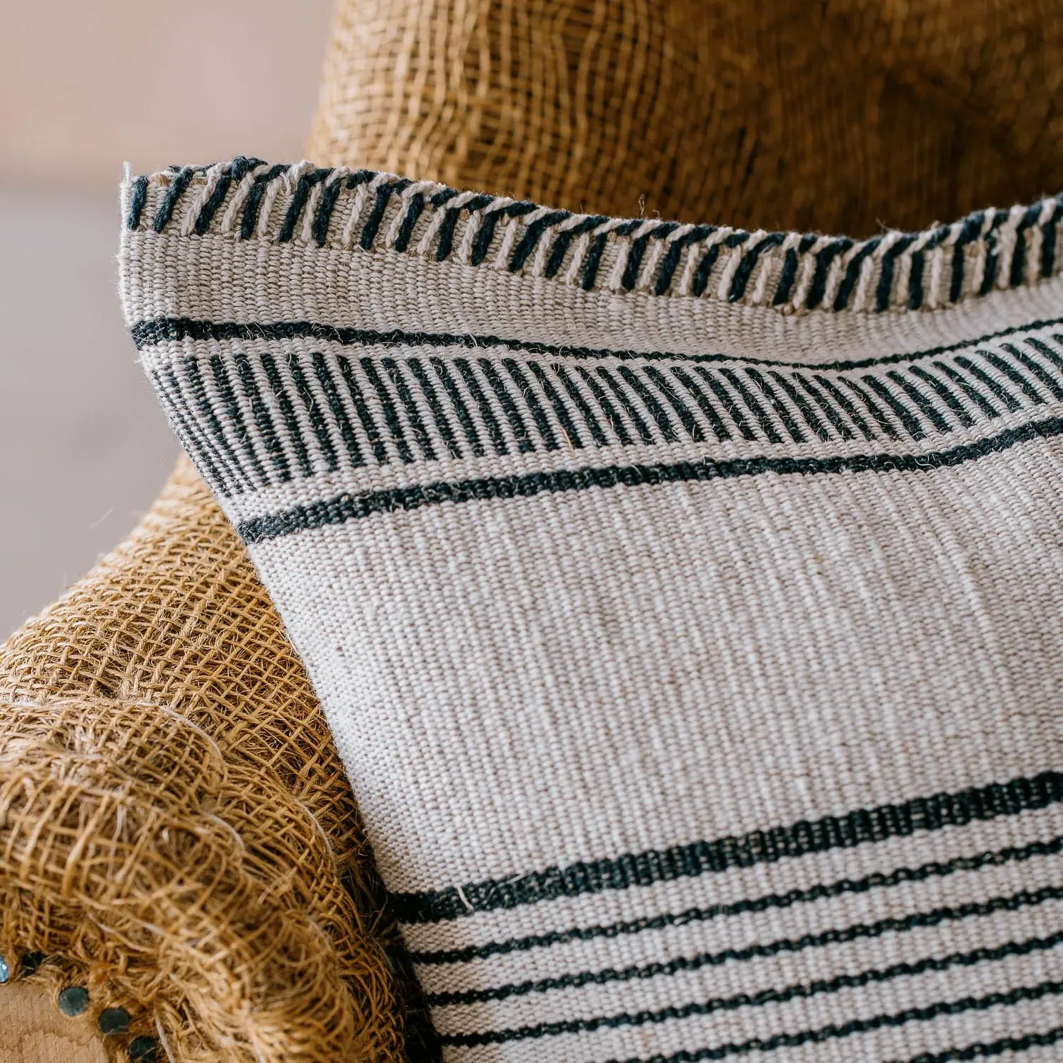 Black & White Stripe Rectangular Cushion - Jute Blend