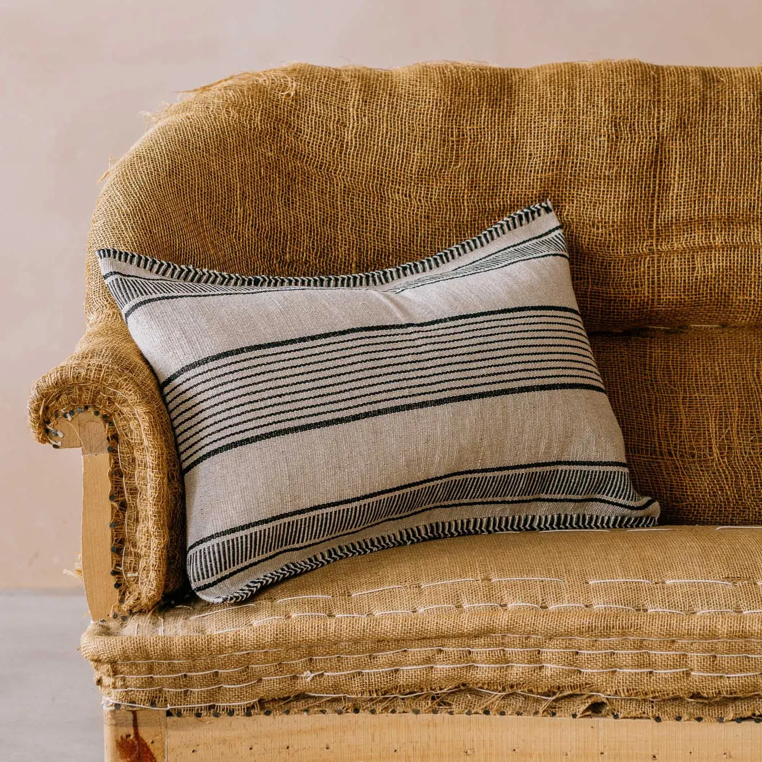 Black & White Stripe Rectangular Cushion - Jute Blend image