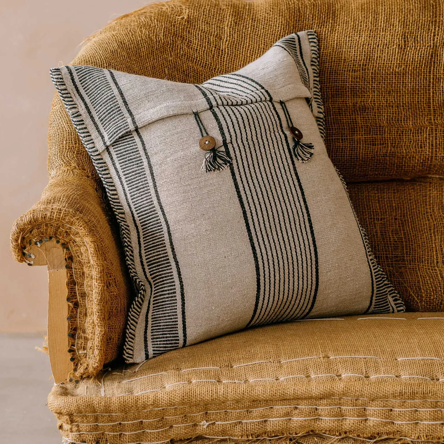 Black & White Stripe Square Cushion - Jute Blend