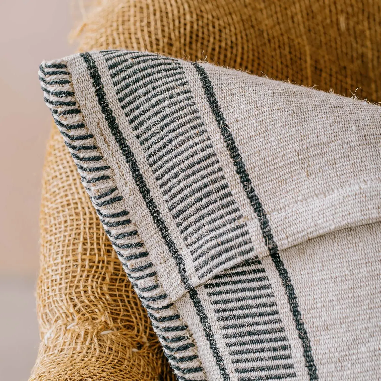 Black & White Stripe Square Cushion - Jute Blend