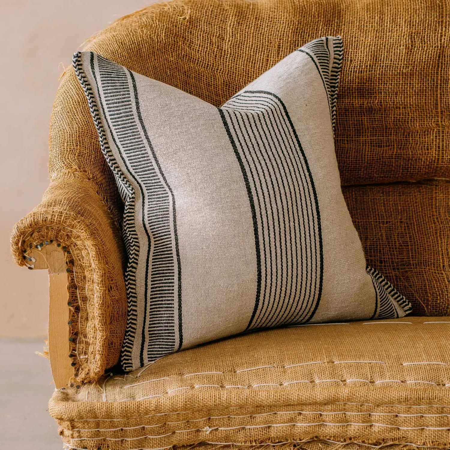 Black & White Stripe Square Cushion - Jute Blend