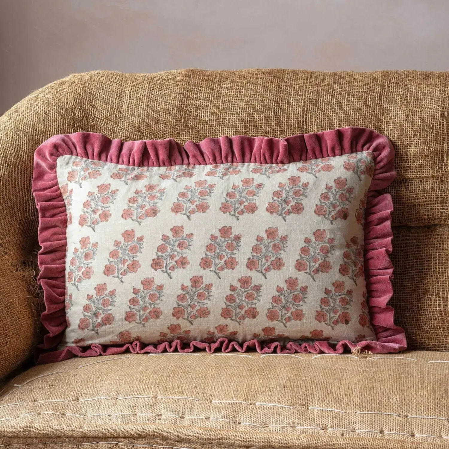 Blossom Floral Block Printed Rectangular Cushion Large