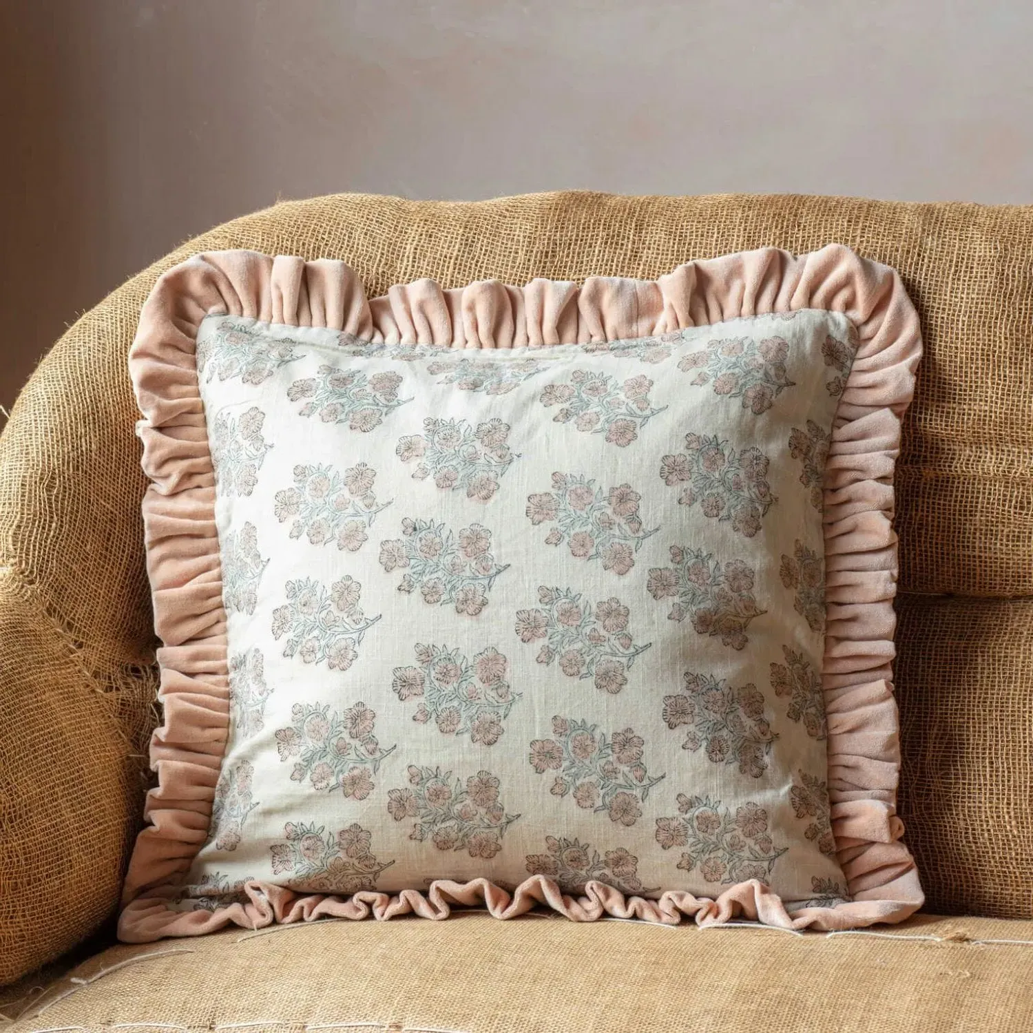 Blossom Floral Block Printed Square Cushion
