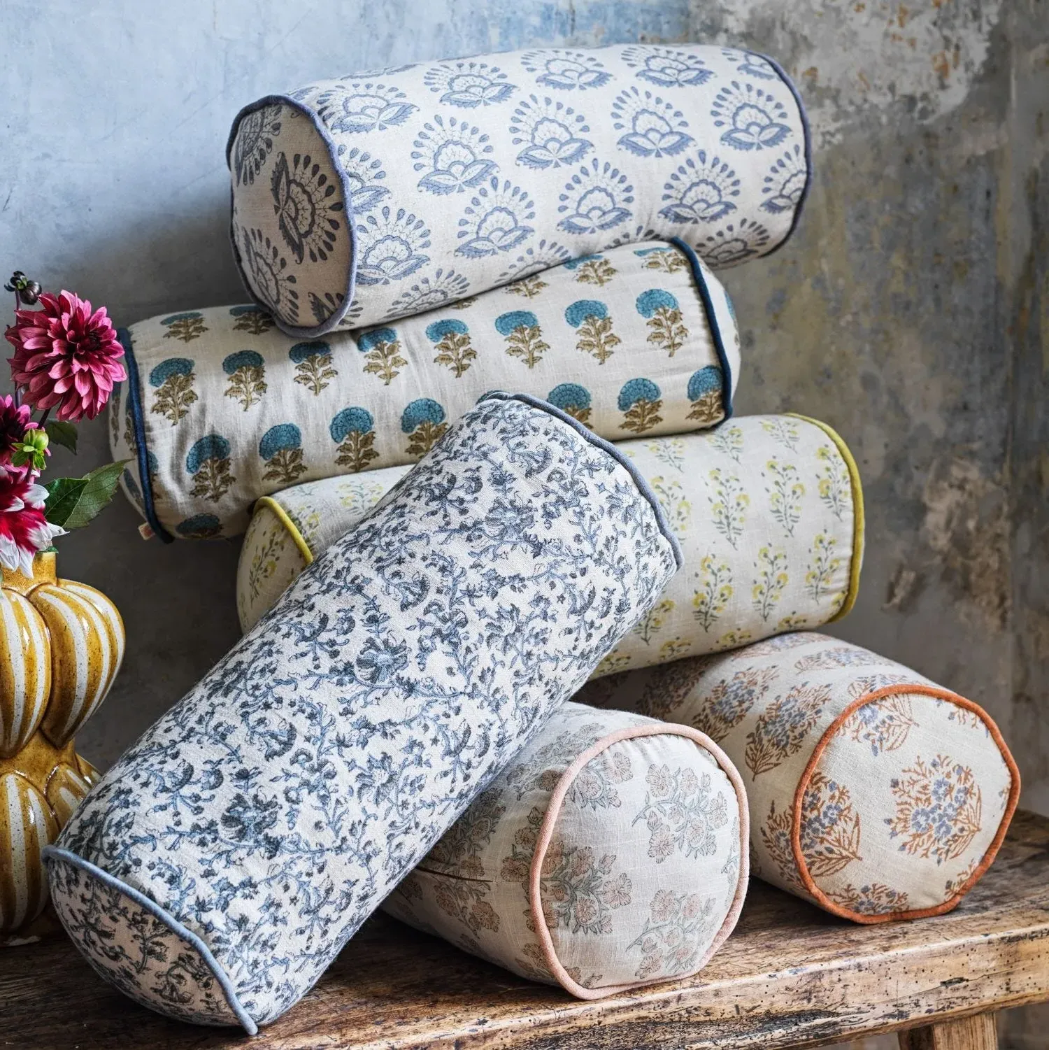 Blossom Hand-Block Printed Bolster Cushion - Cotton