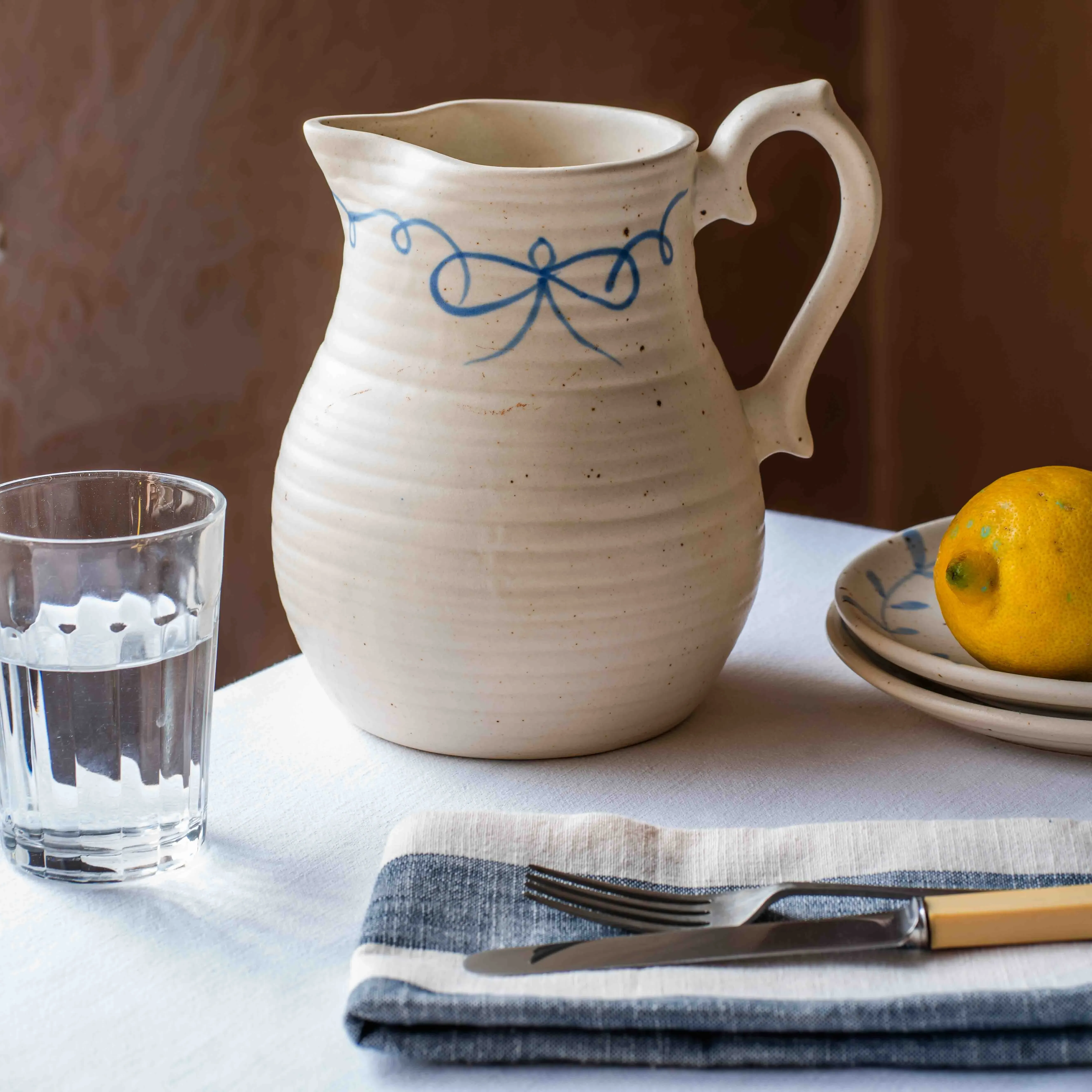 Blue Bow Jug - Off-White, Ceramic