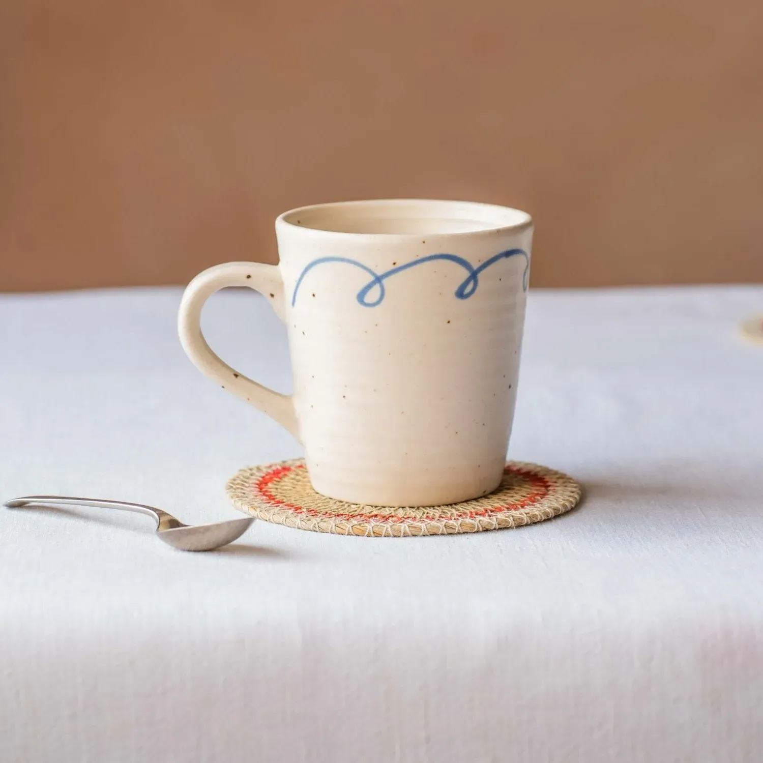 Blue Bow Mug - Off-White, Ceramic