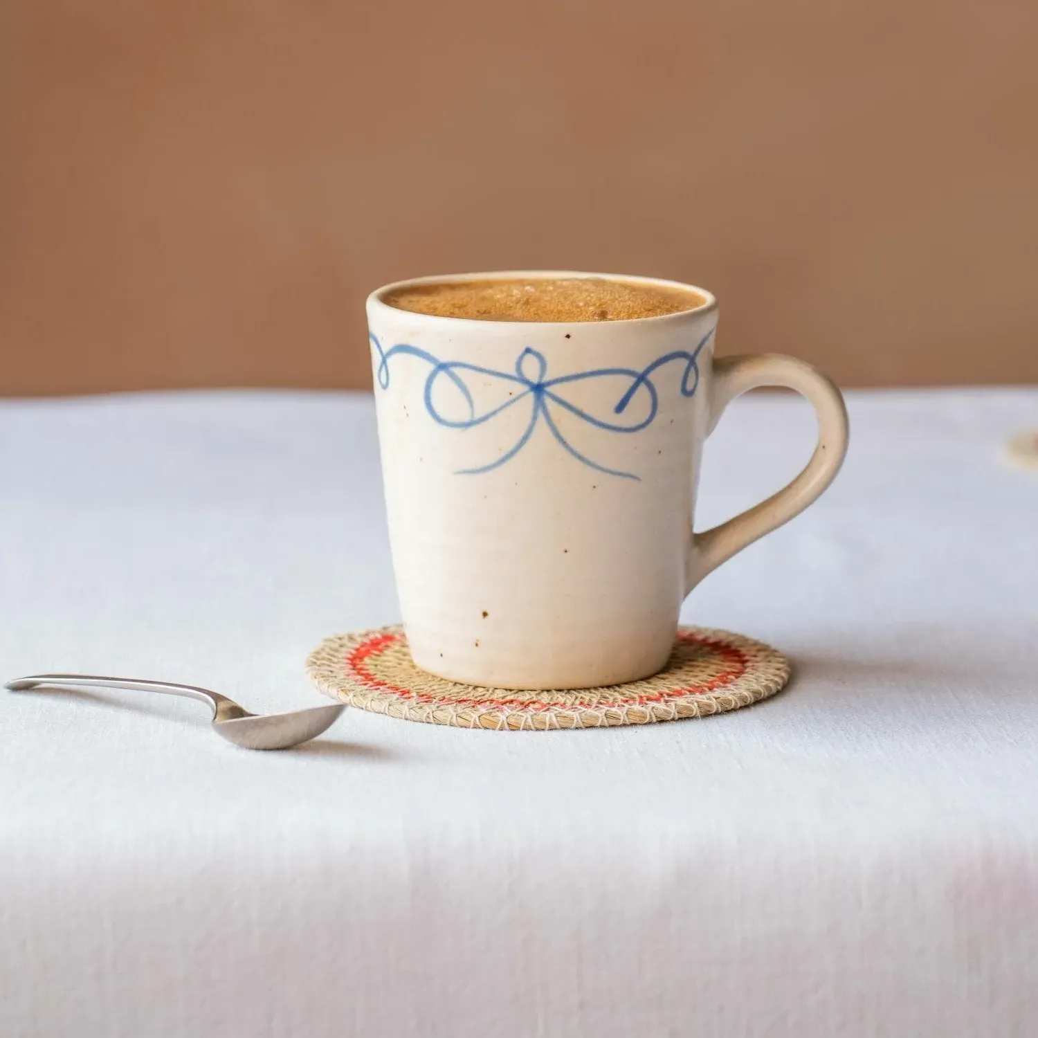 Blue Bow Mug - Off-White, Ceramic