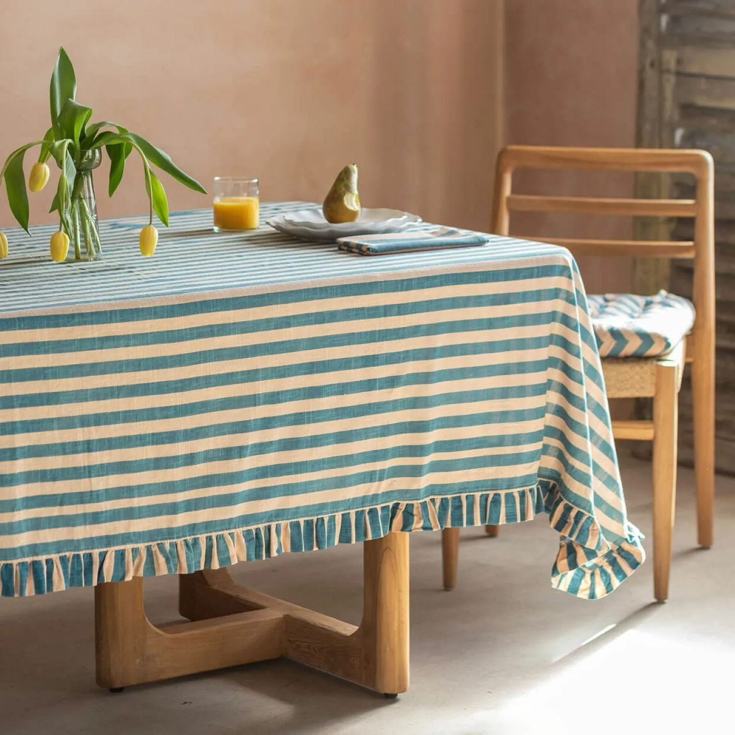 Blue Candy Stripe Extra Large Tablecloth with Frill - Blue, Cotton