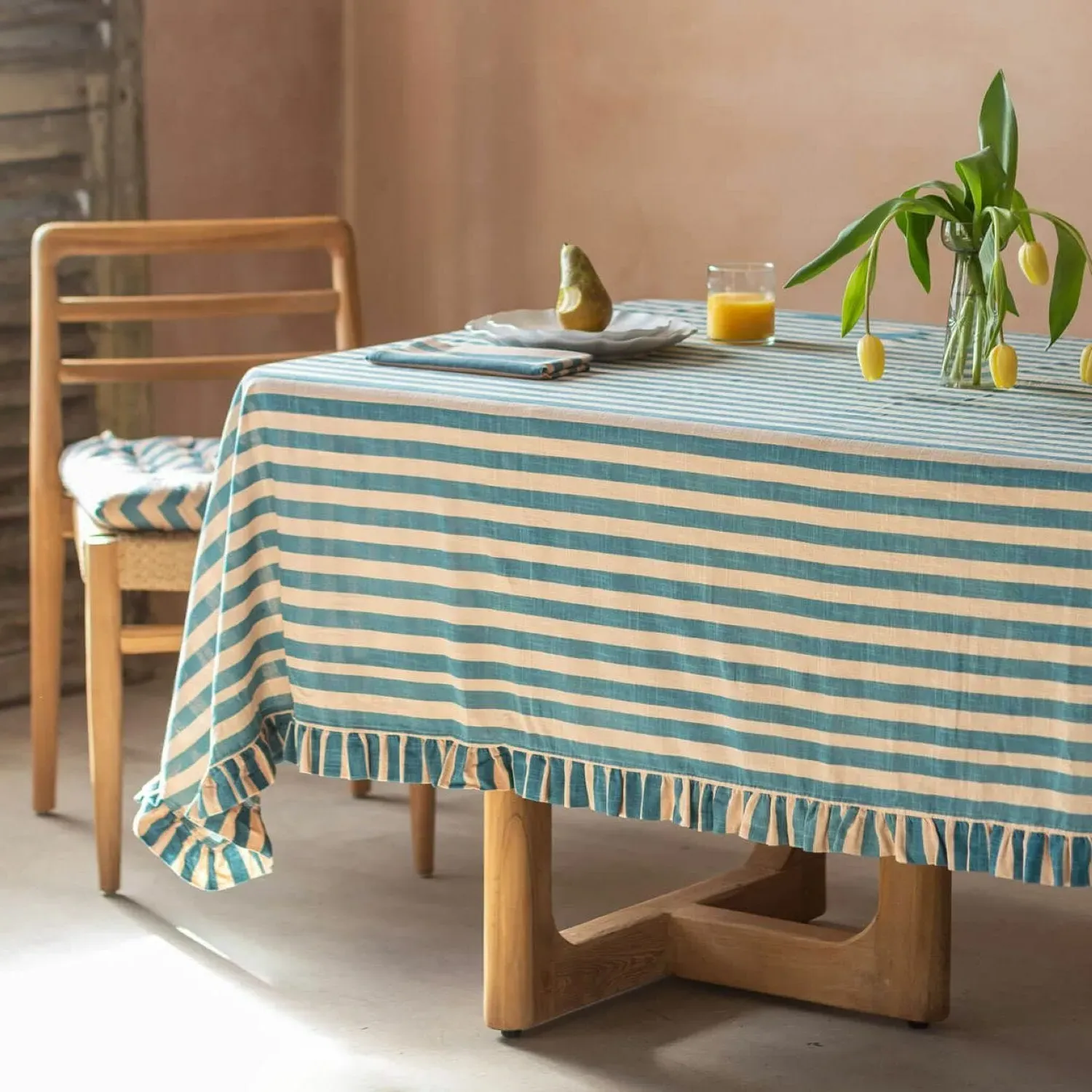 Blue Candy Stripe Large Tablecloth with Frill - Blue, Cotton