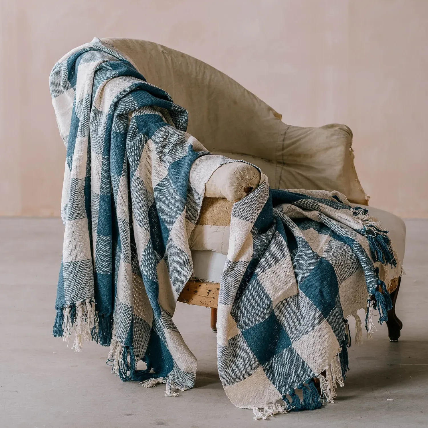 Blue & White Check Throw - Blue, Cotton image