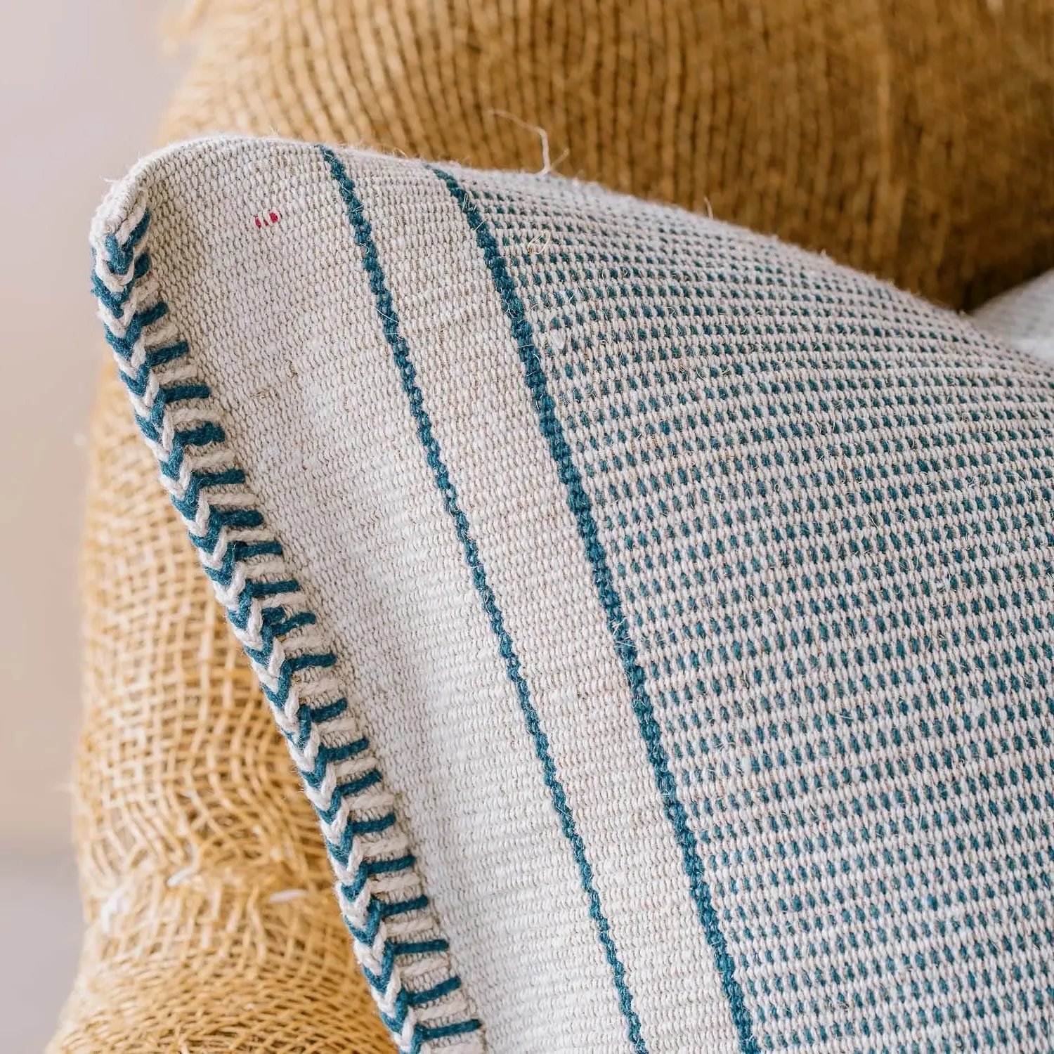 Blue & White Stripe Square Cushion - Blue, Jute Blend