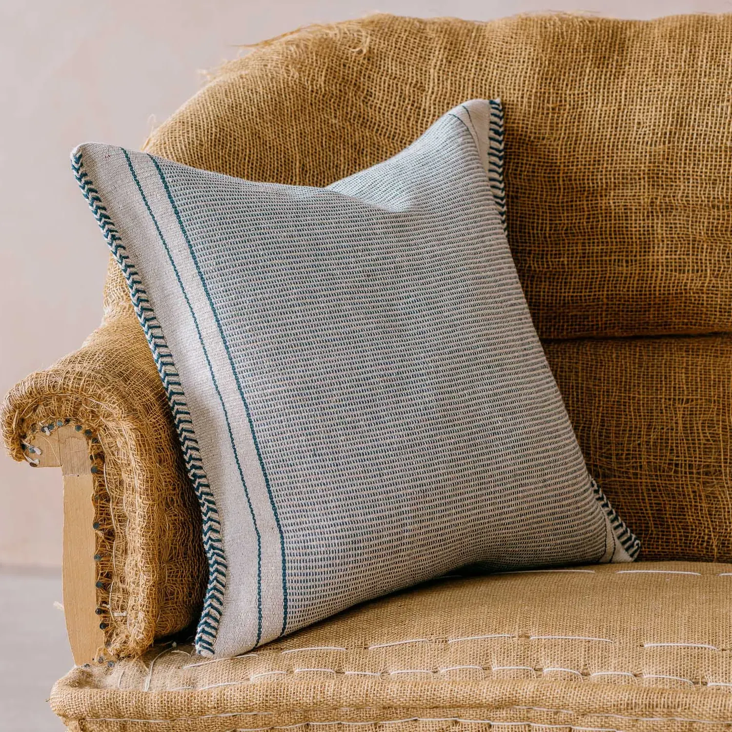 Blue & White Stripe Square Cushion - Blue, Jute Blend