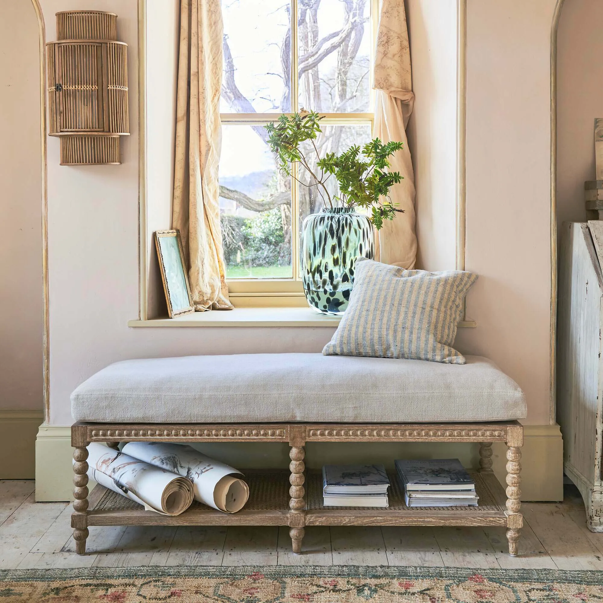 Bobbin Bench with Cushion - Natural, Linen