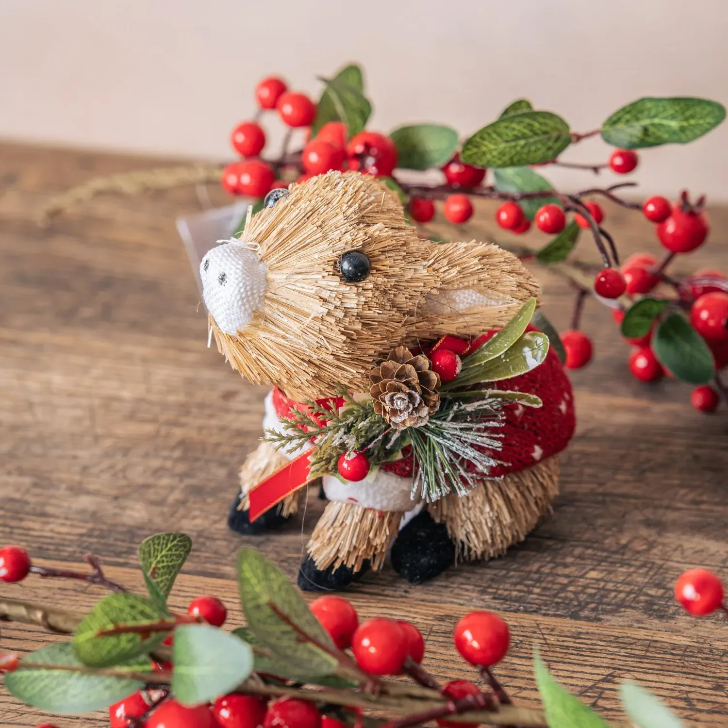 Bristle Christmas Pig Decoration - Red