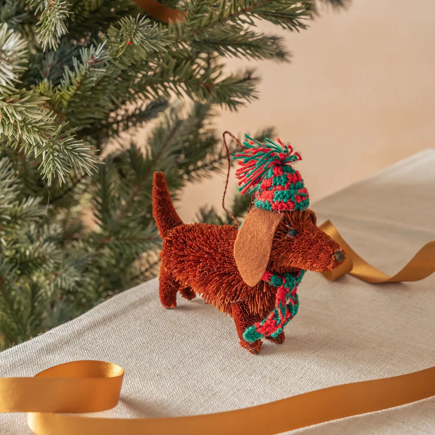 Bristle Dachshund Christmas Tree Decoration - Red, Buri
