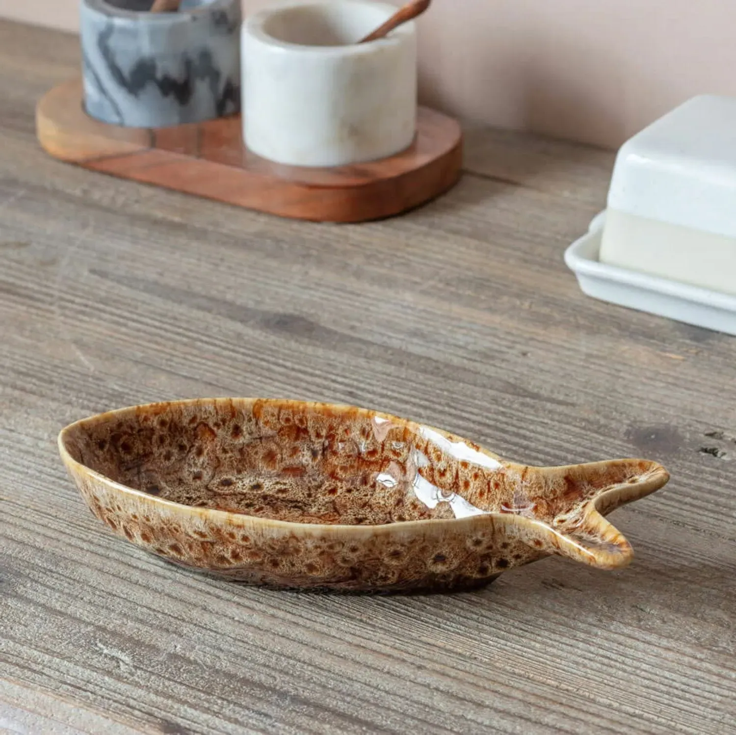 Brown Speckle Fish Dish - Brown, Ceramic
