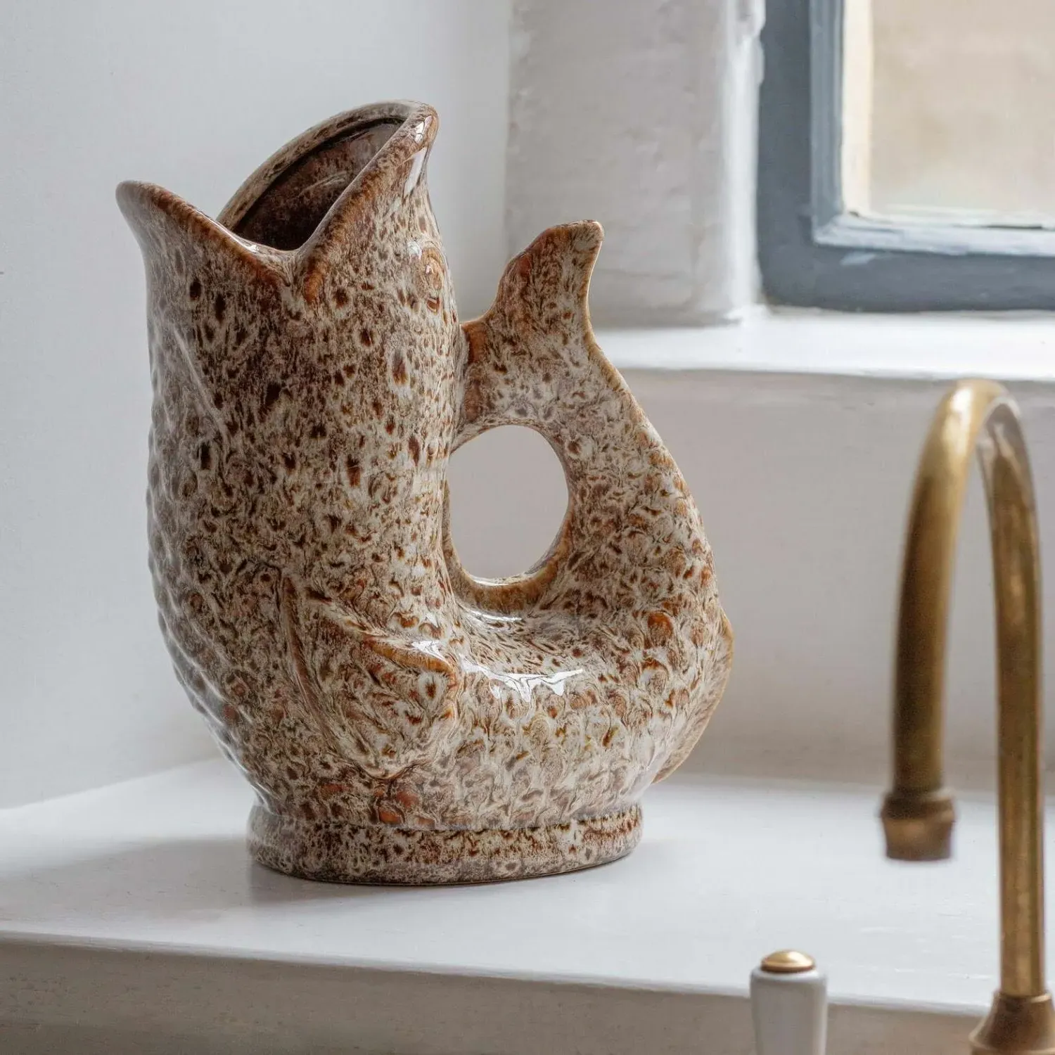 Brown Speckle Fish Jug - Brown, Ceramic