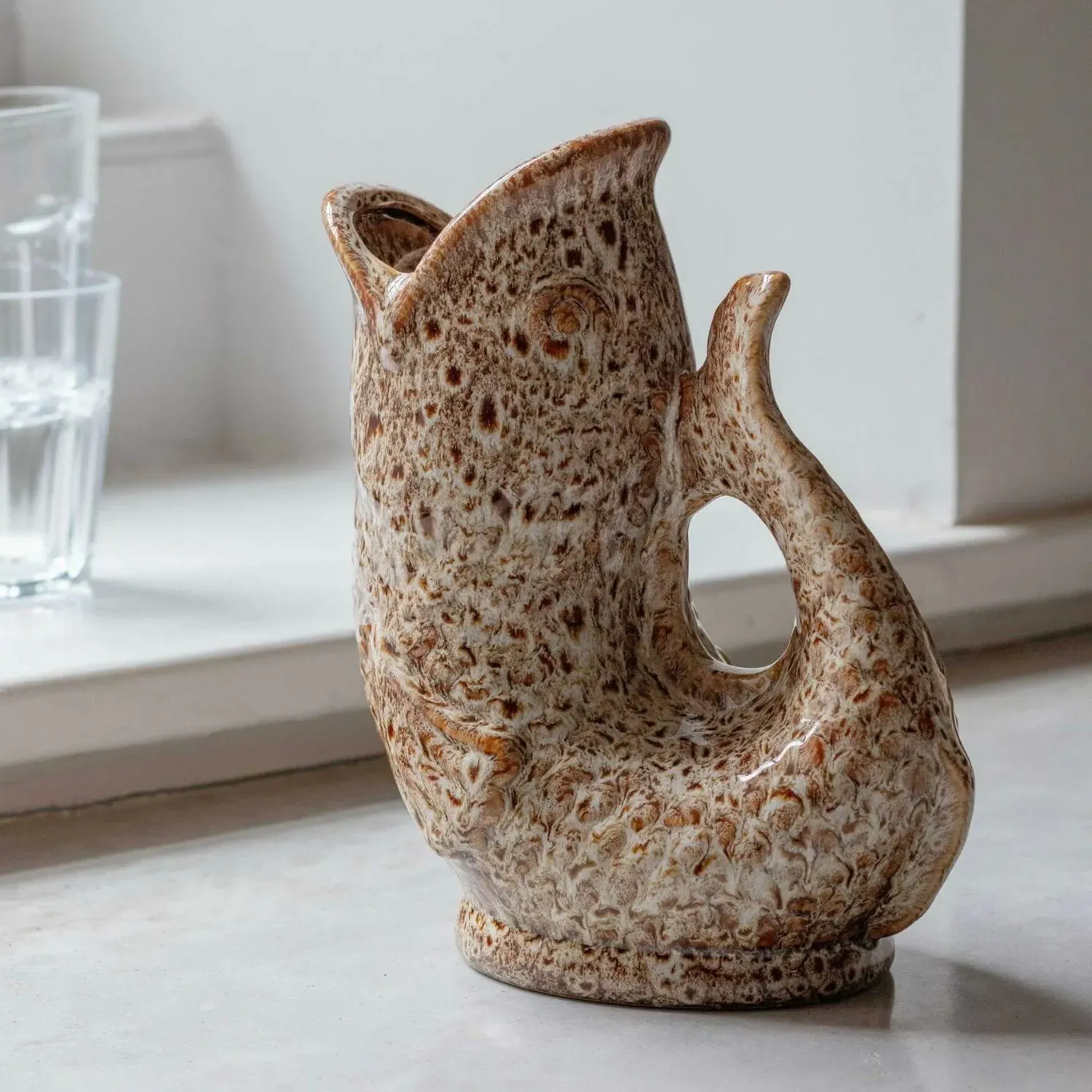 Brown Speckle Fish Jug - Brown, Ceramic