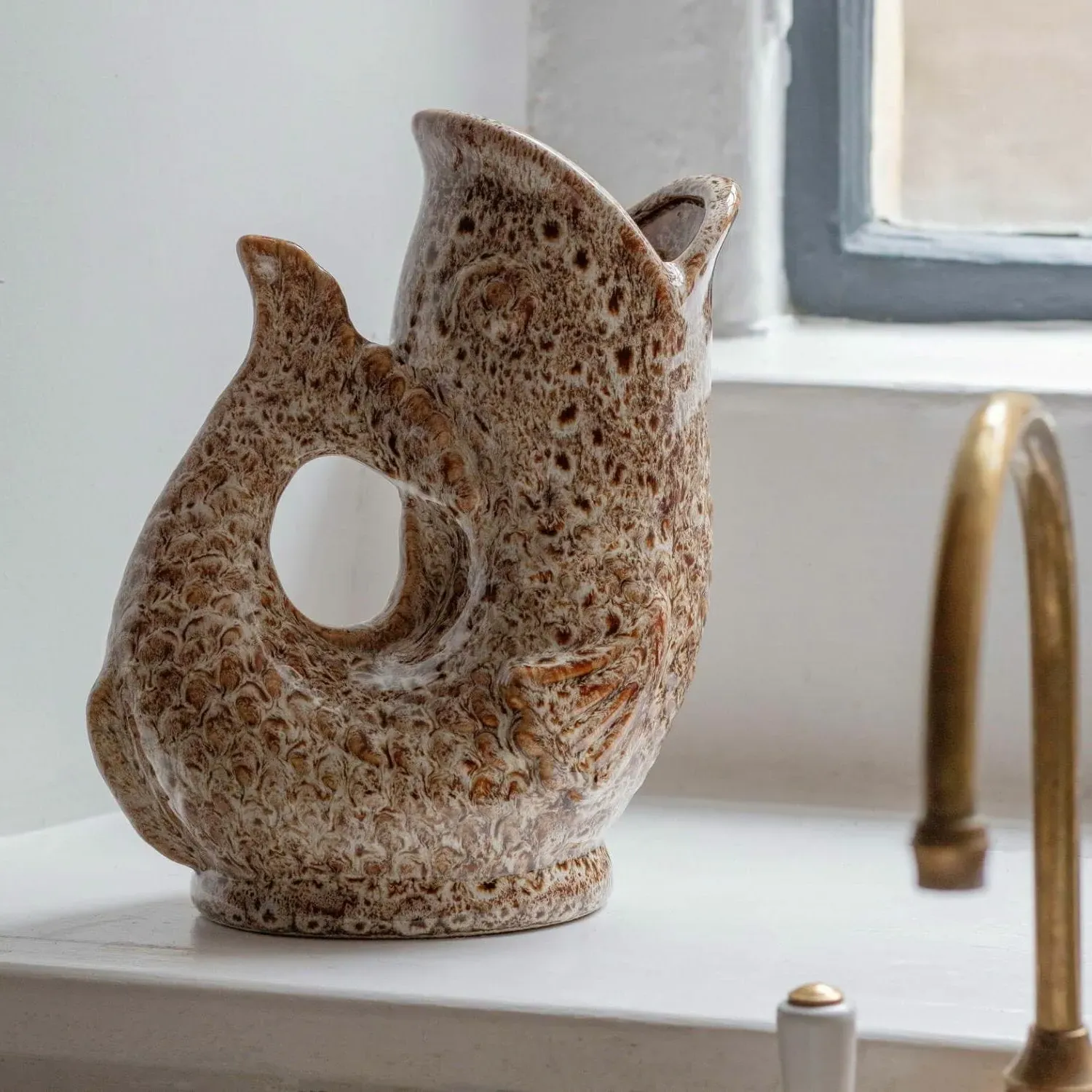 Brown Speckle Fish Jug - Brown, Ceramic