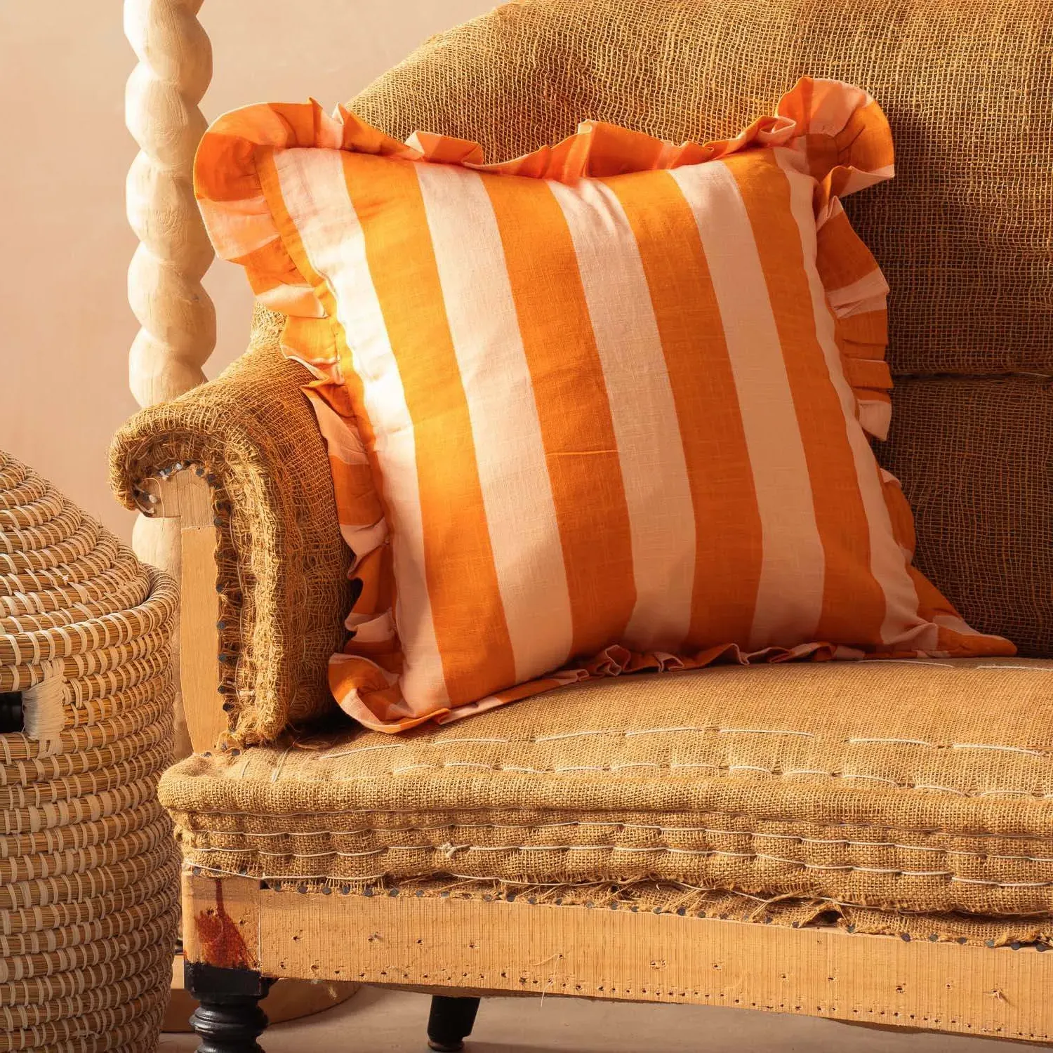 Candy Orange Stripe Square Cushion - Orange, Cotton