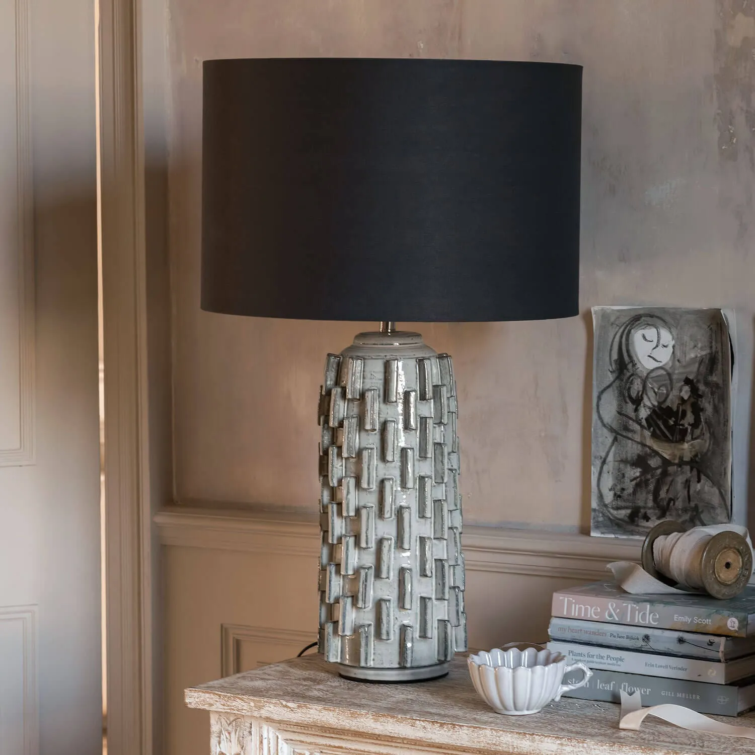 Ceramic Table Lamp with Shade - Grey