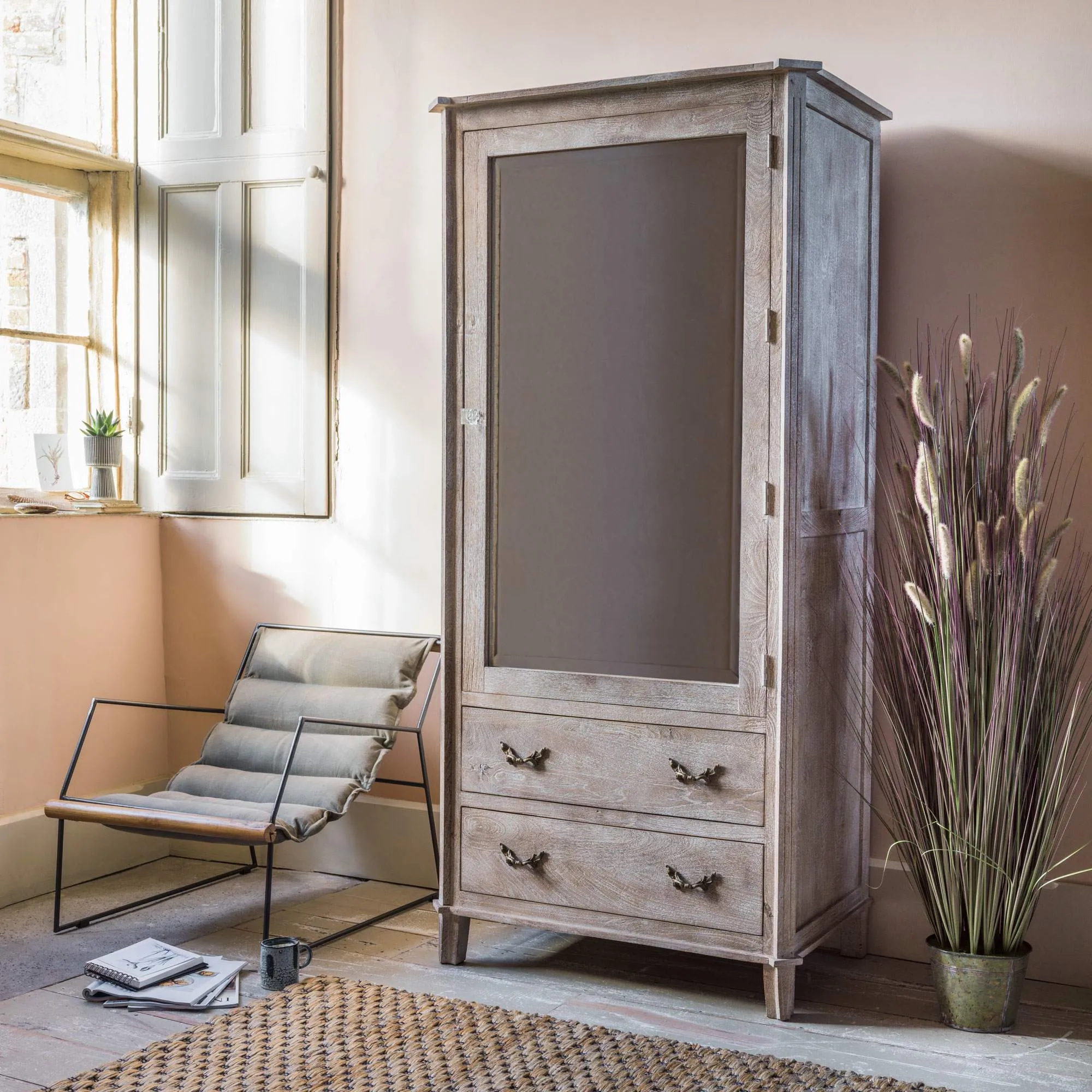 Chantilly Wardrobe with Mirror - Whitewashed, Mango Wood