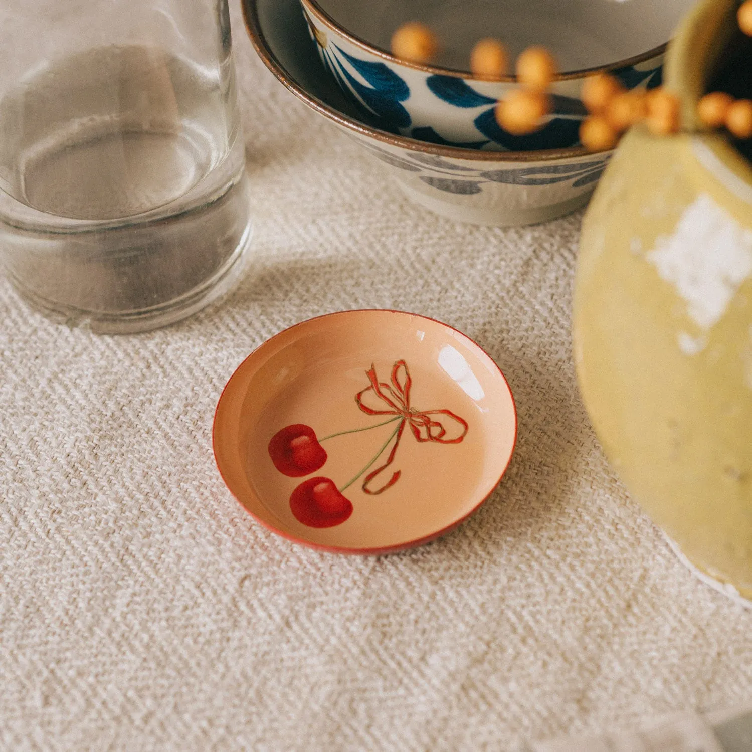 Cherries Round Enamel Tray - Pink