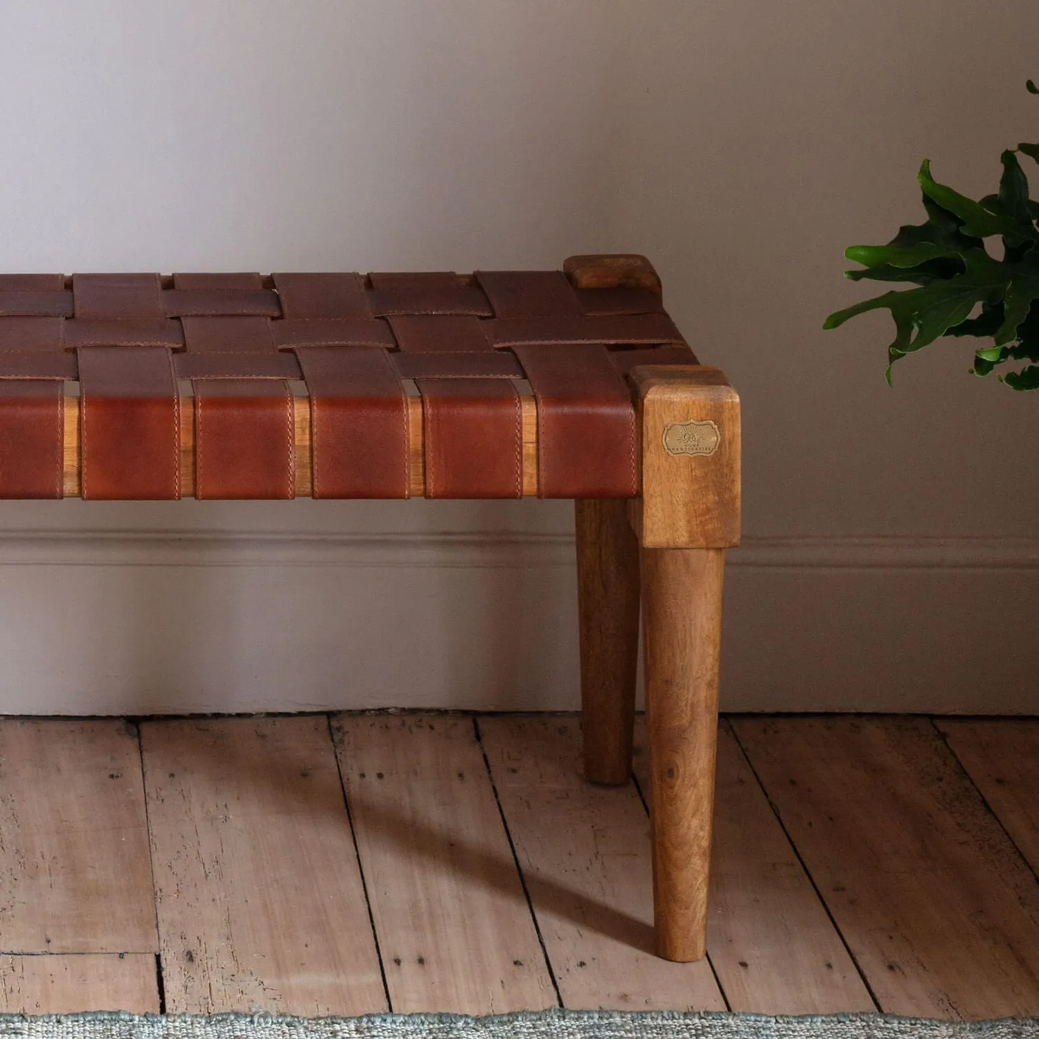 Chester Woven Leather Bench - Dark Mango Wood